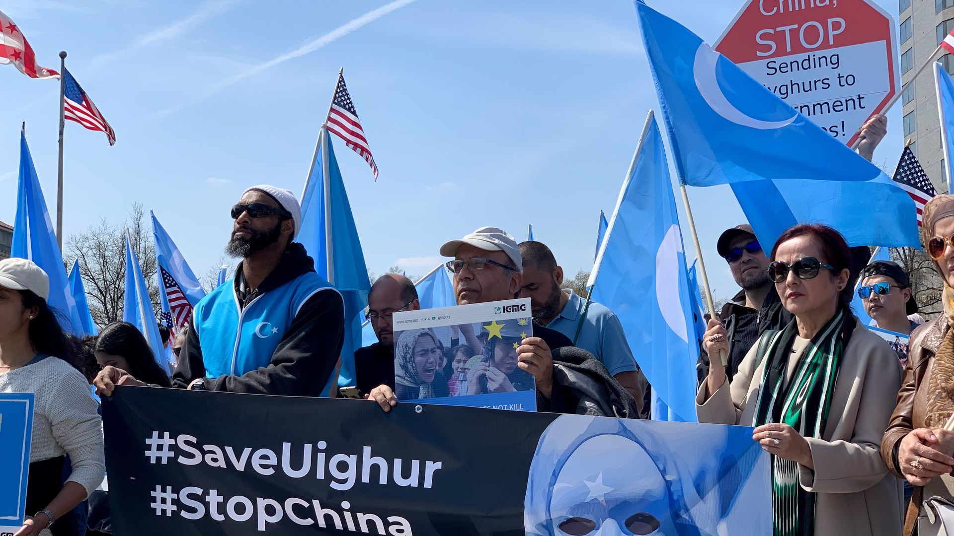 People protest China's human rights abuses against Uyghur Muslims in Xinjiang province on April 6, 2019, in Washington, D.C.