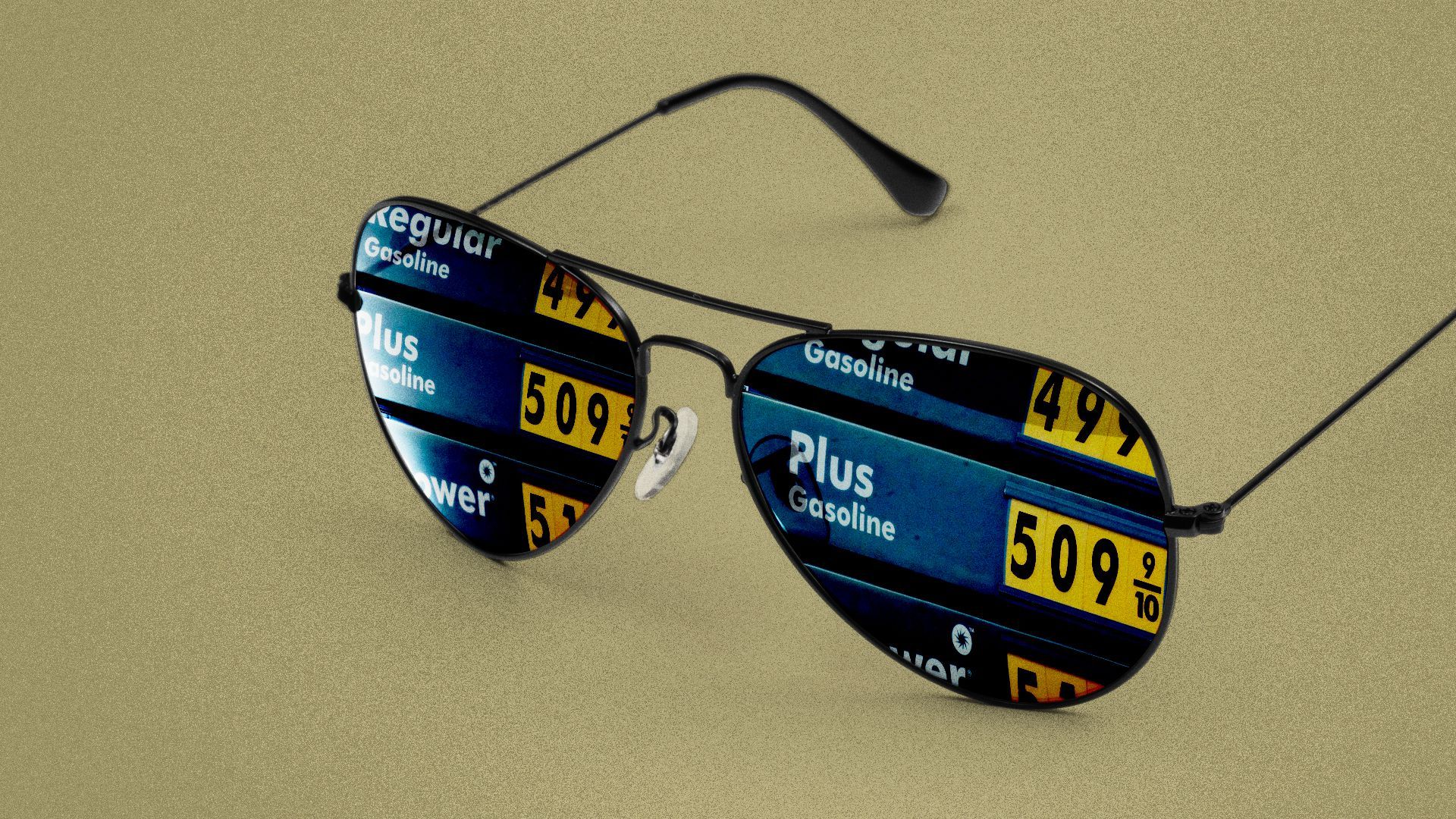 Illustration of gas prices reflected in aviator sunglasses. 