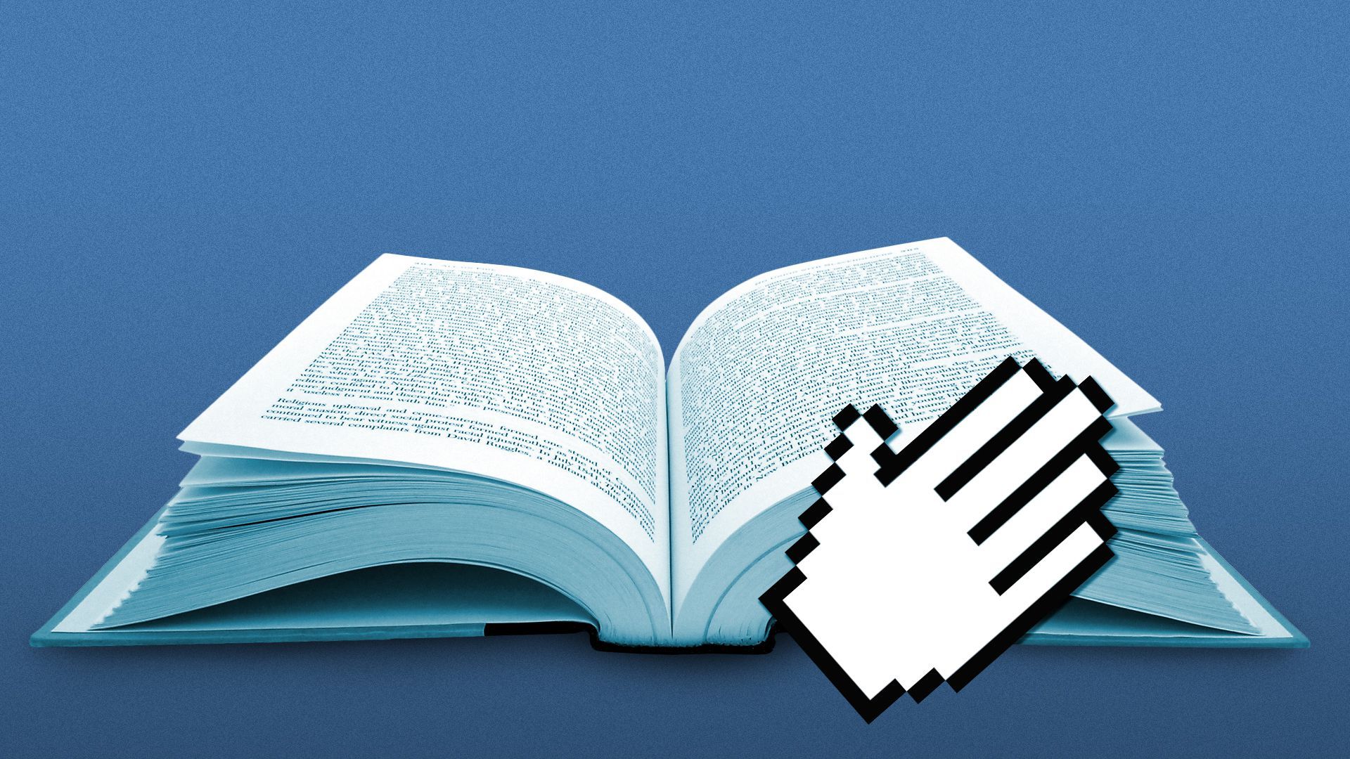 Illustration of a hand cursor resting on the pages of an open book.