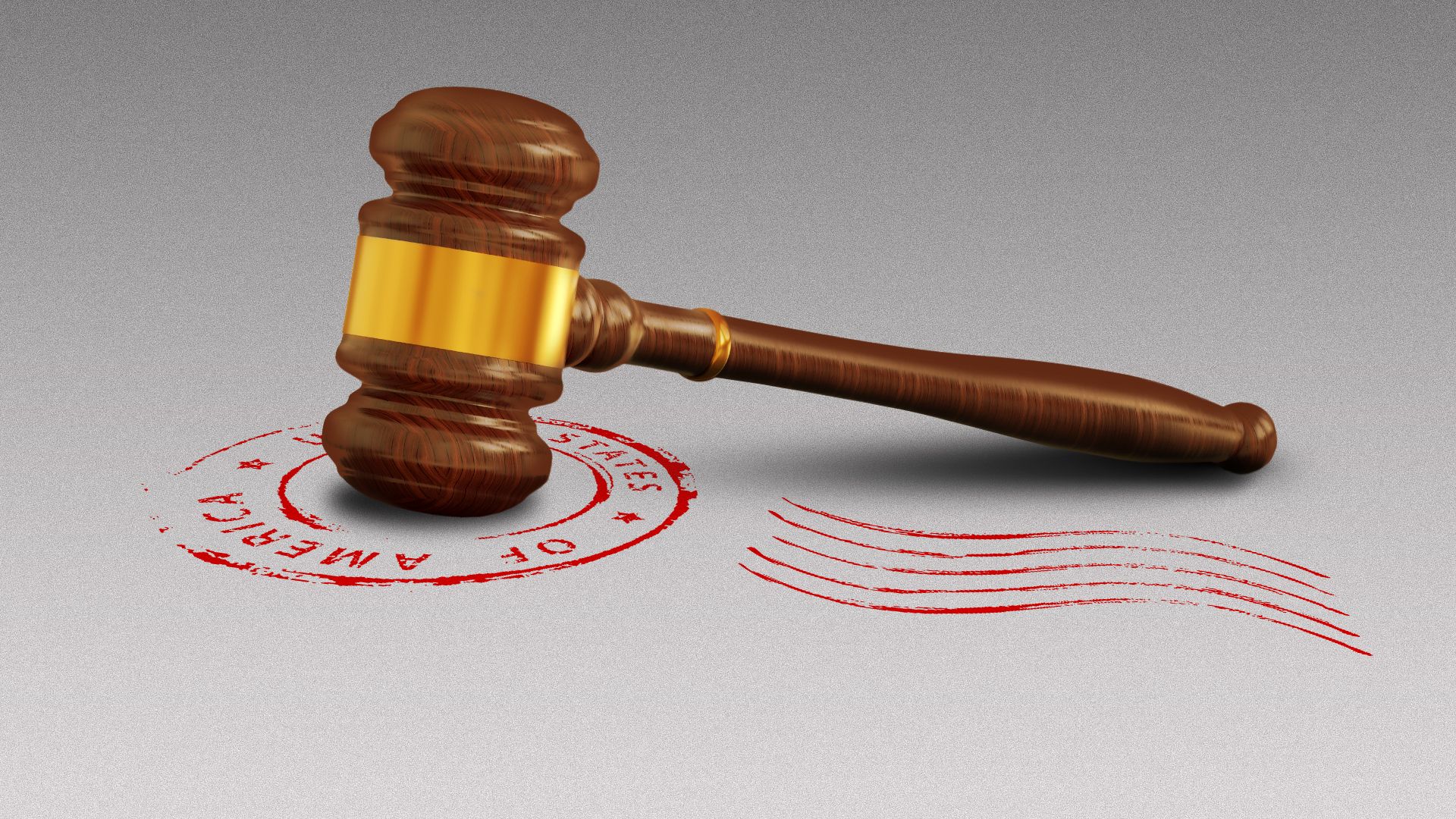 Illustration of a gavel in the middle of a United States postal stamp