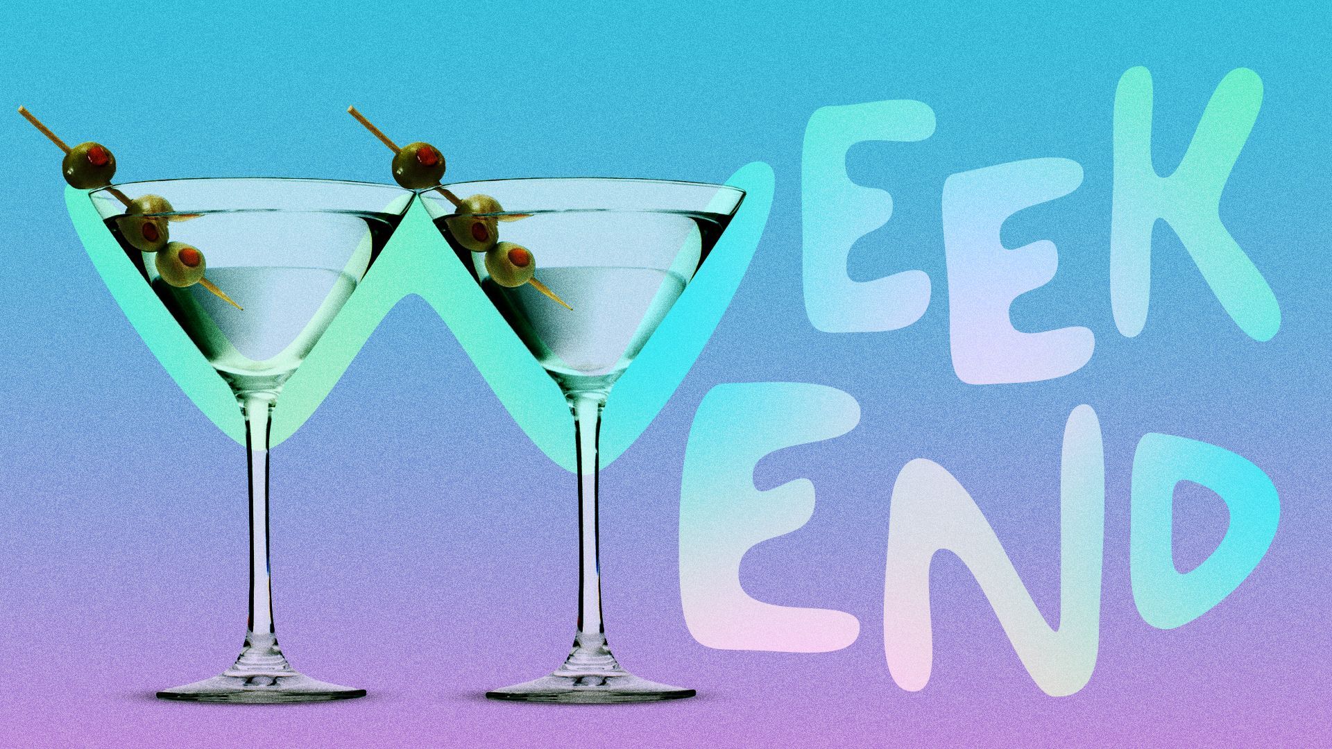 Illustration of two martini glasses forming the "W" in "weekend."