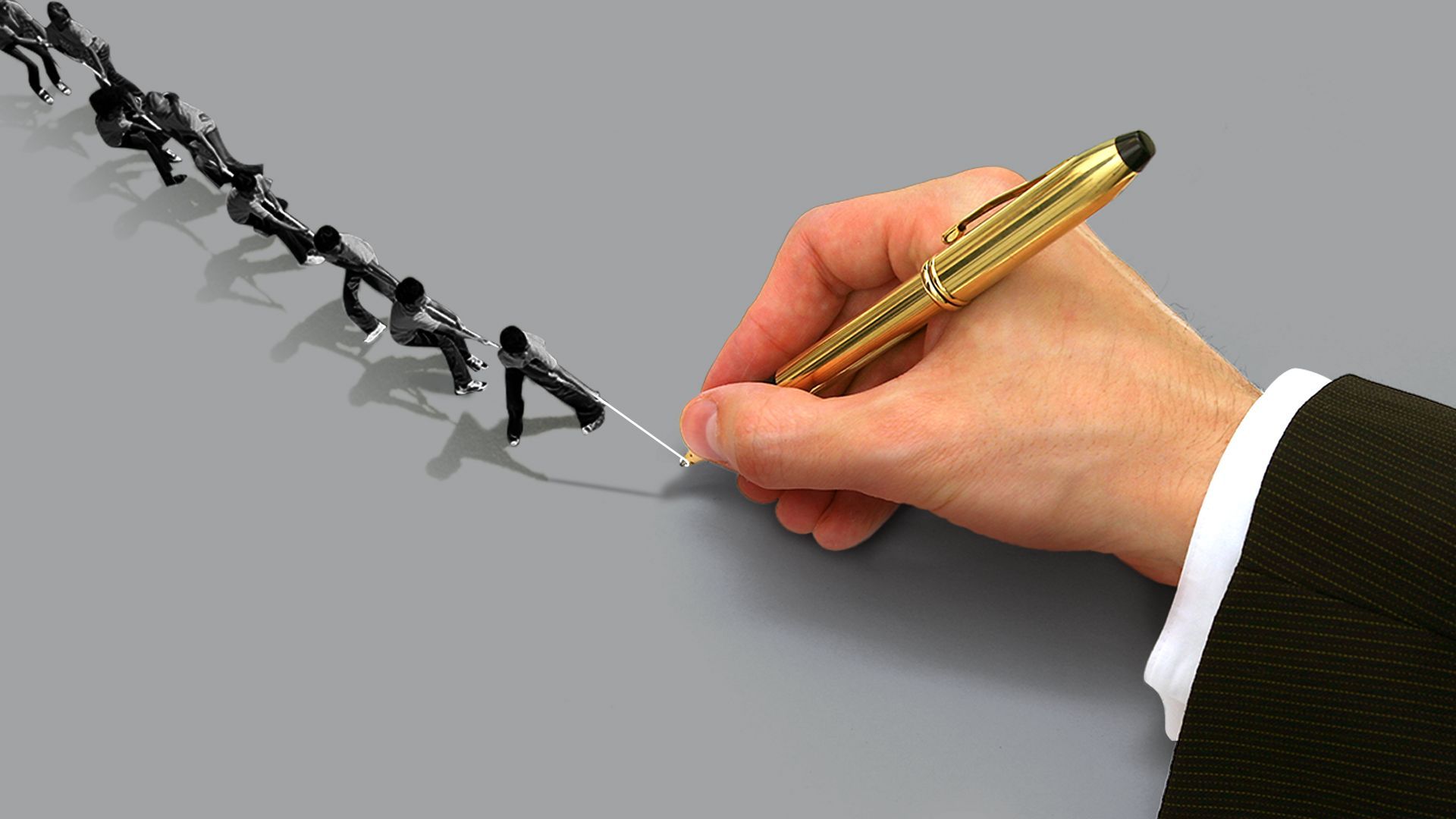 Illustration of a large hand holding a pen which is being pulled by a string of small people