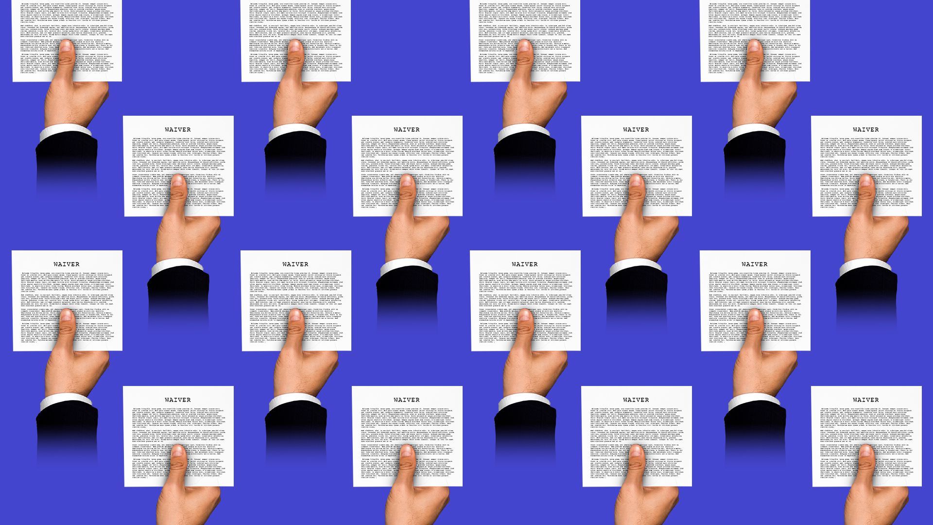 Illustration of a pattern of sixteen hands each holding a waiver.