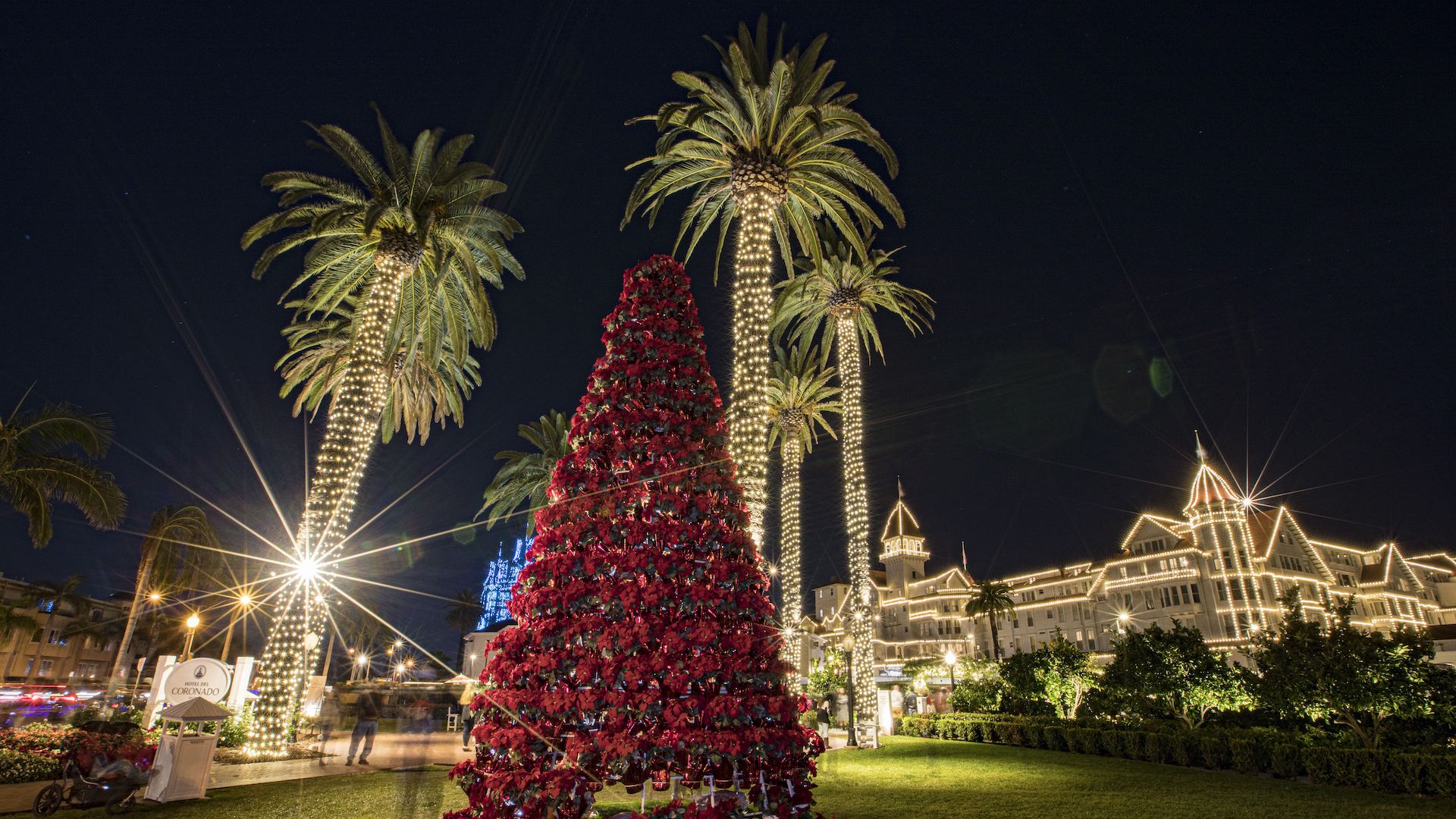 Holiday lights and a giant poinsettia Christmas tree decorate Hotel Del Coronado.