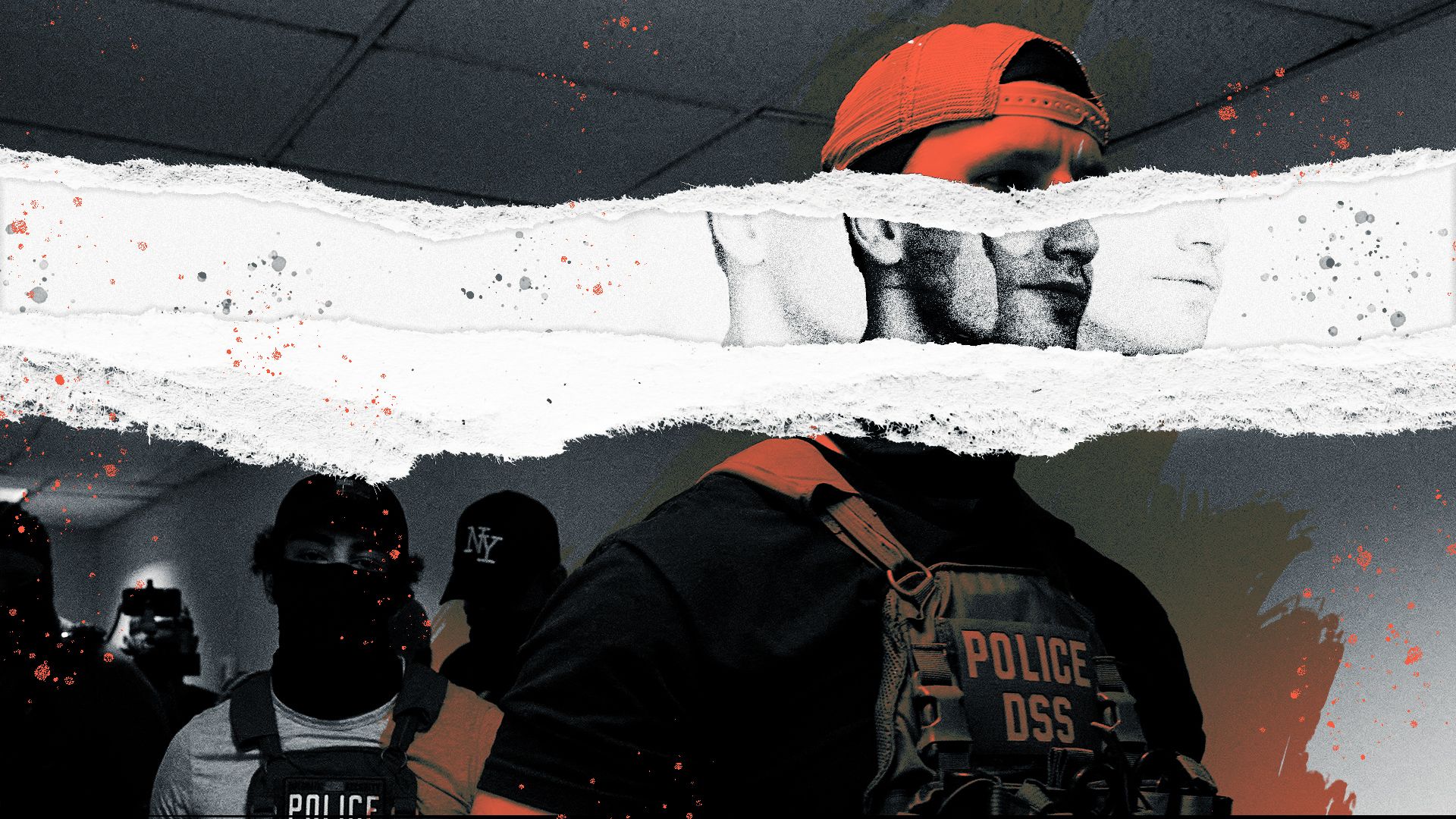Photo illustration of ICE agents with a torn paper revealing the agent's face.