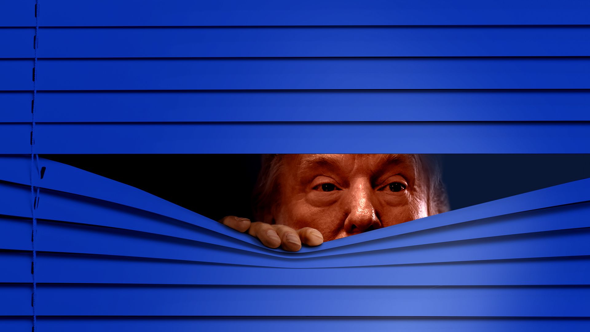 A conceptual illustration of Donald Trump suspiciously peering through the blinds.
