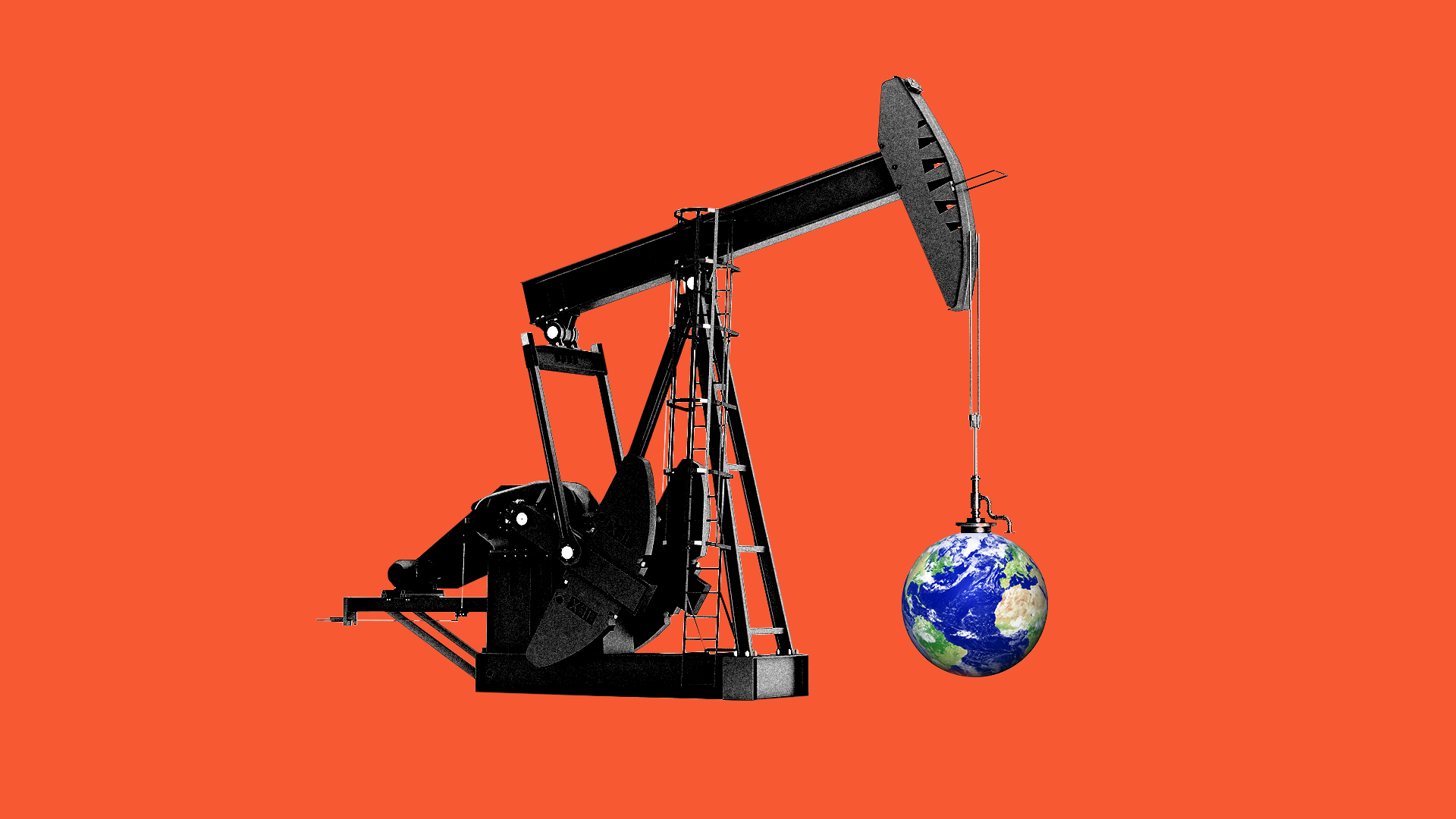 An illustration of a pumpjack lifting planet Earth.