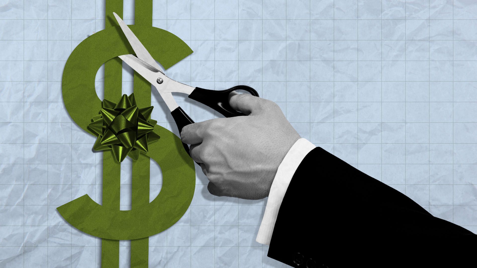 Illustration of a hand with scissors cutting a ribbon in the shape of a dollar sign