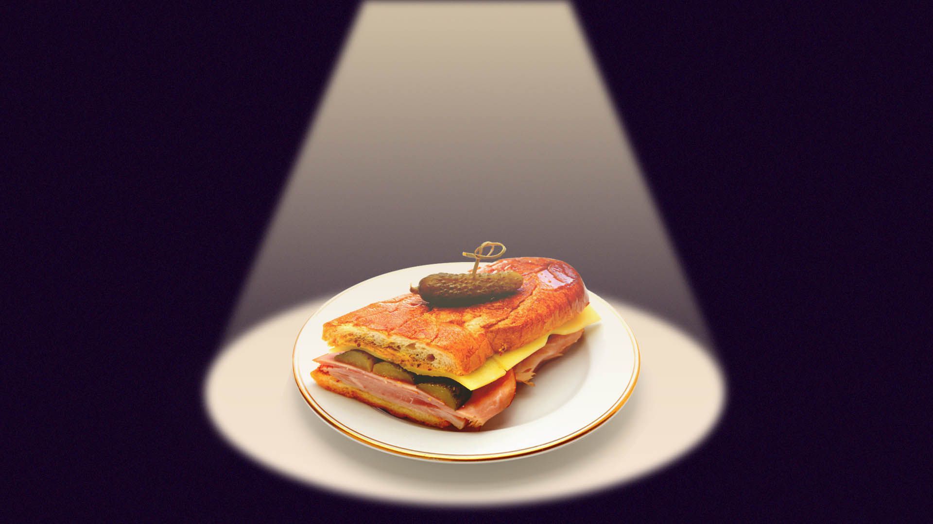 Illustration of a Cuban sandwich under a spotlight. 