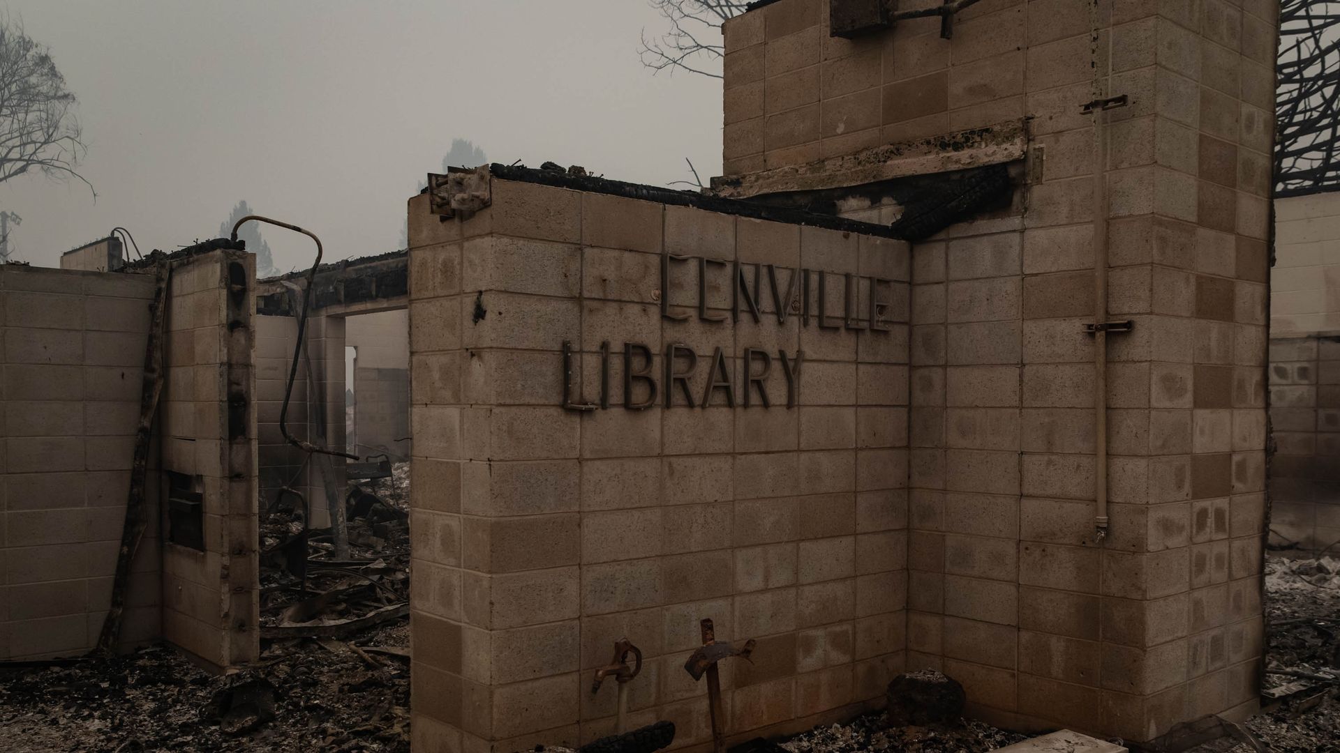 A library building that has burned down in a wildfire.