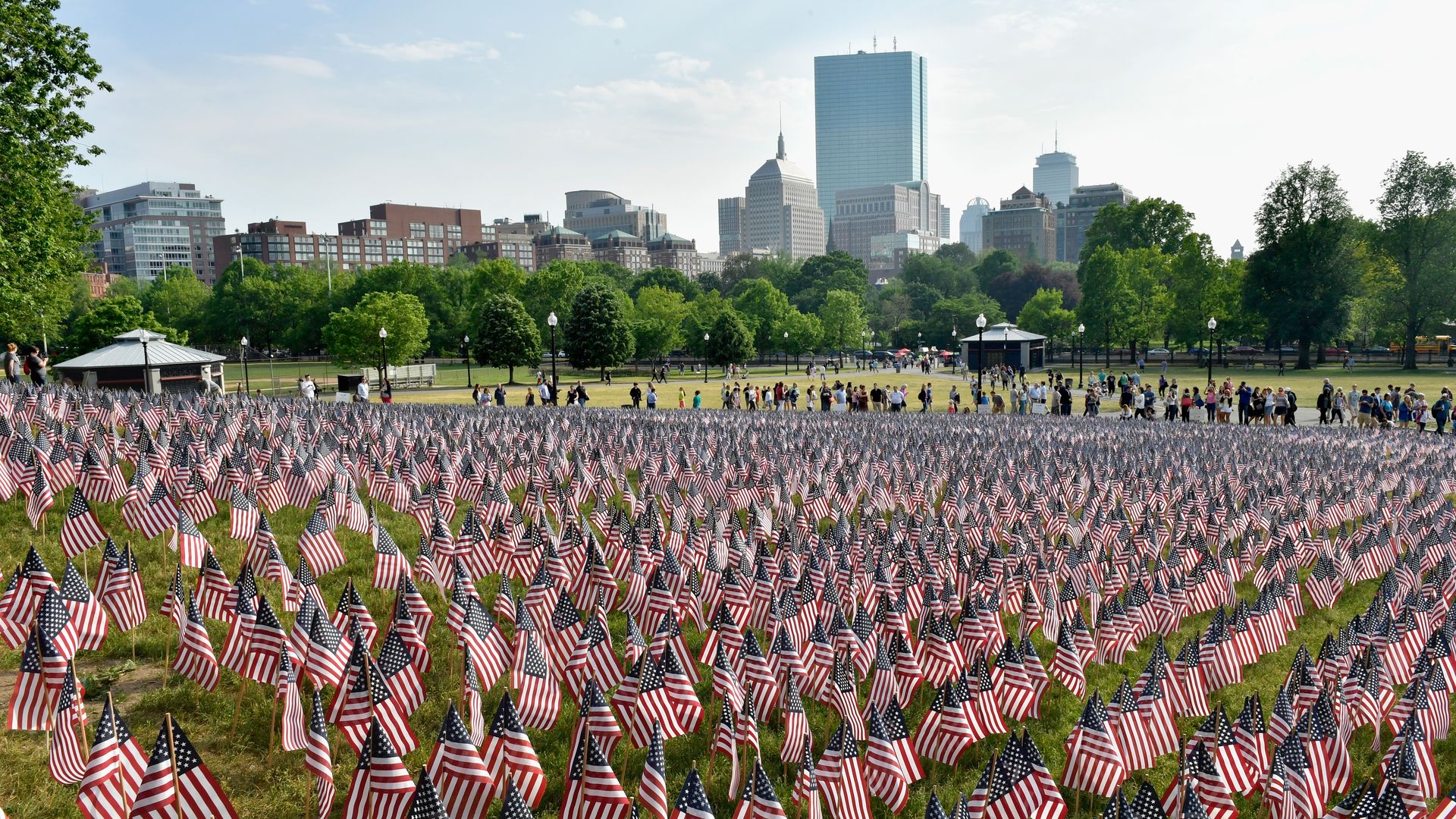 A view of the garden of 37,000 American flags planted on the Boston Common in 2021