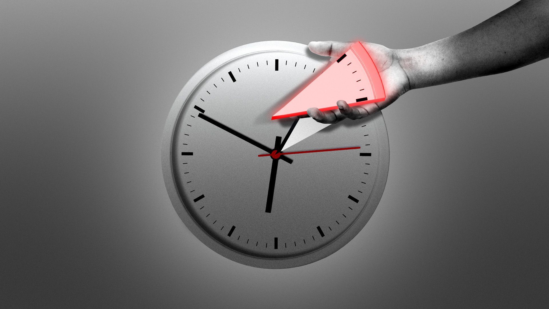 Illustration of a hand taking a slice out of a clock face