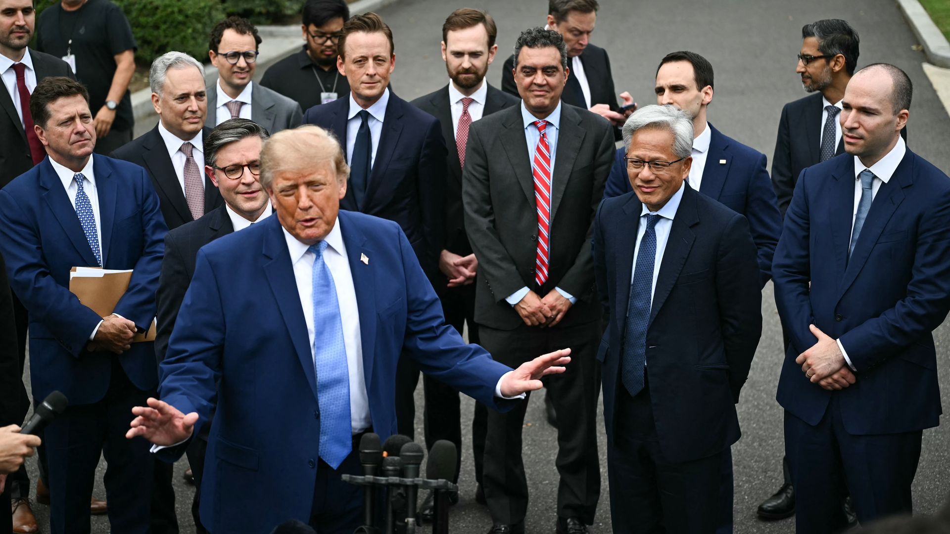 President Trump speaks to reporters at the White House after a meeting with tech executives about artificial intelligence.