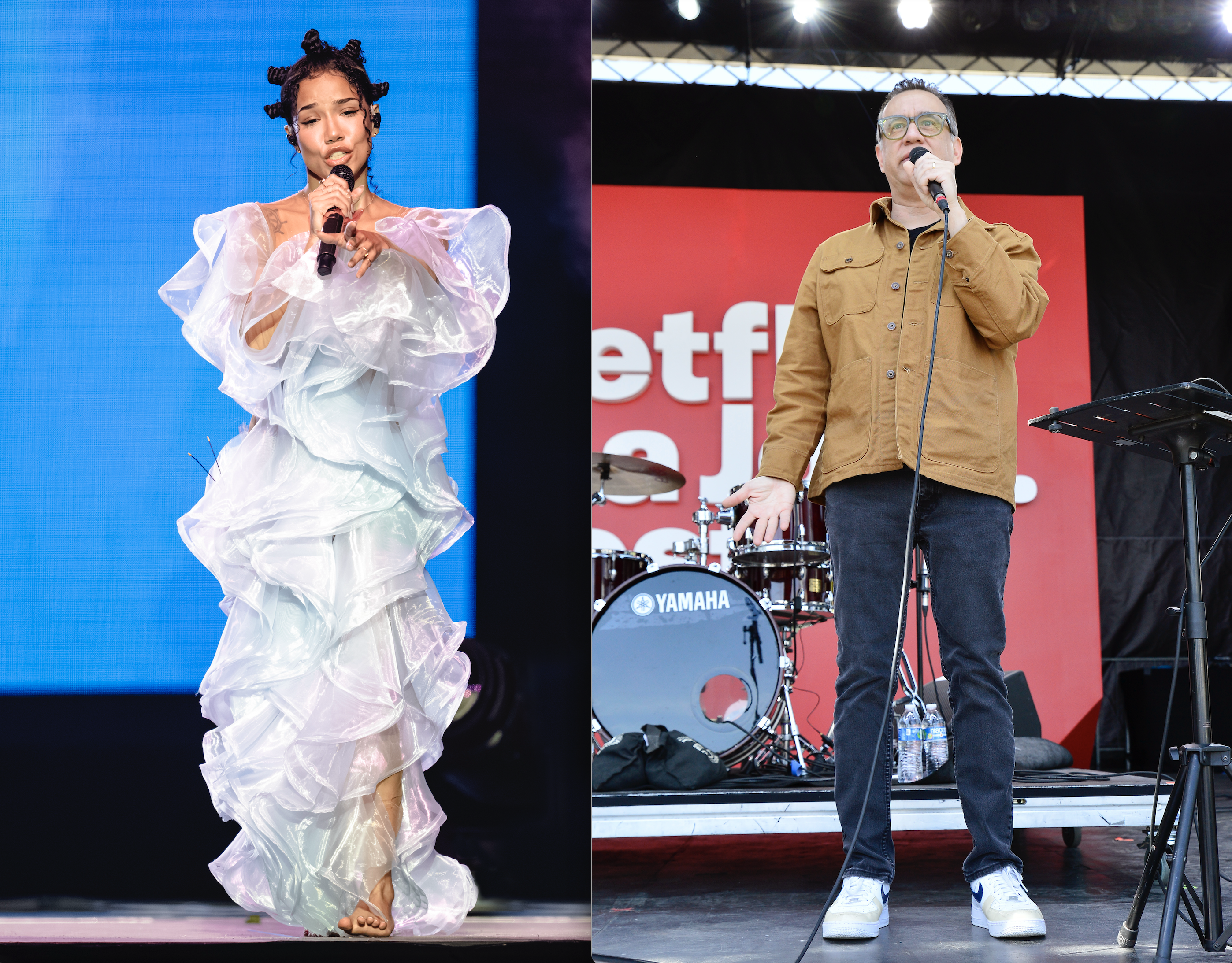 Jhené Aiko and Fred Armisen perform on stage.