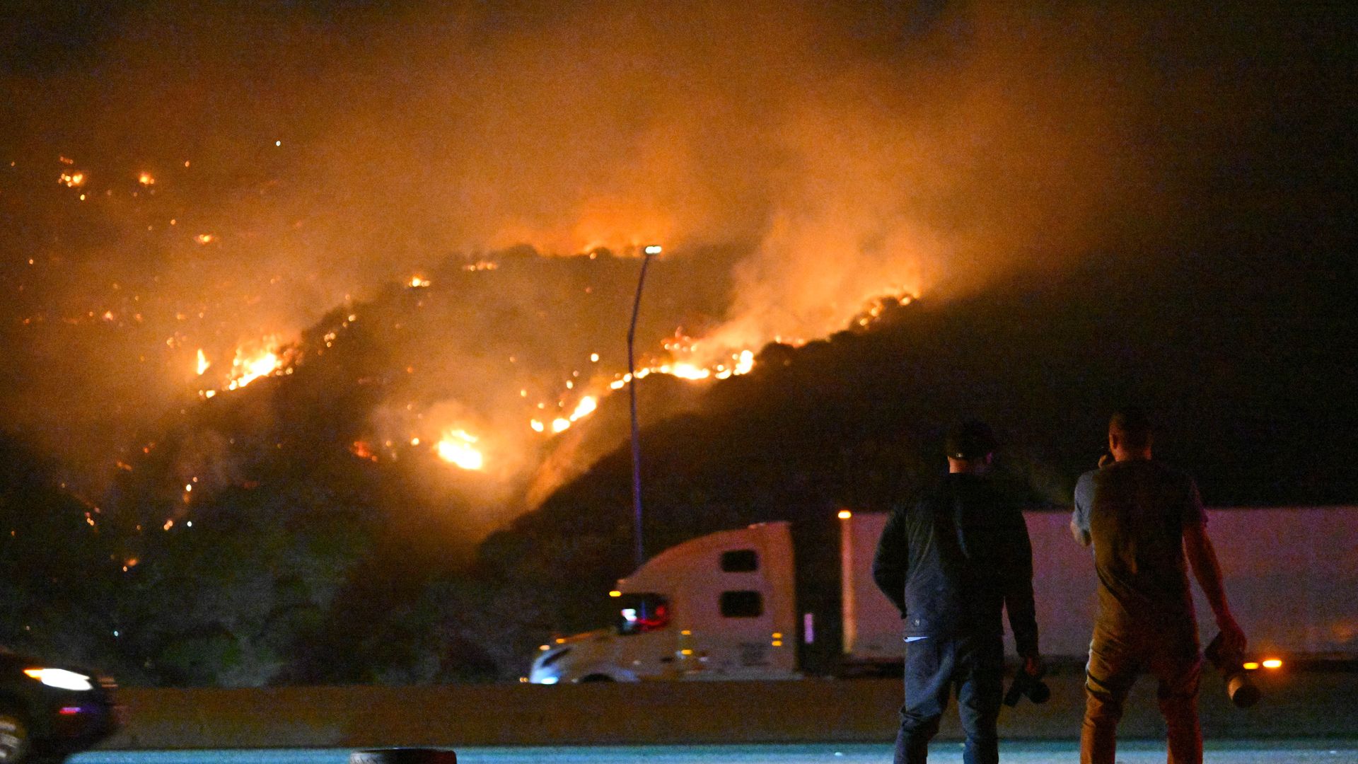 View of the Sepulveda Fire as it burns near the 405 freeway, The Getty Center Museum and the celebrity enclave of Bel-Air on January 23, 2025 in Los Angeles, California. 