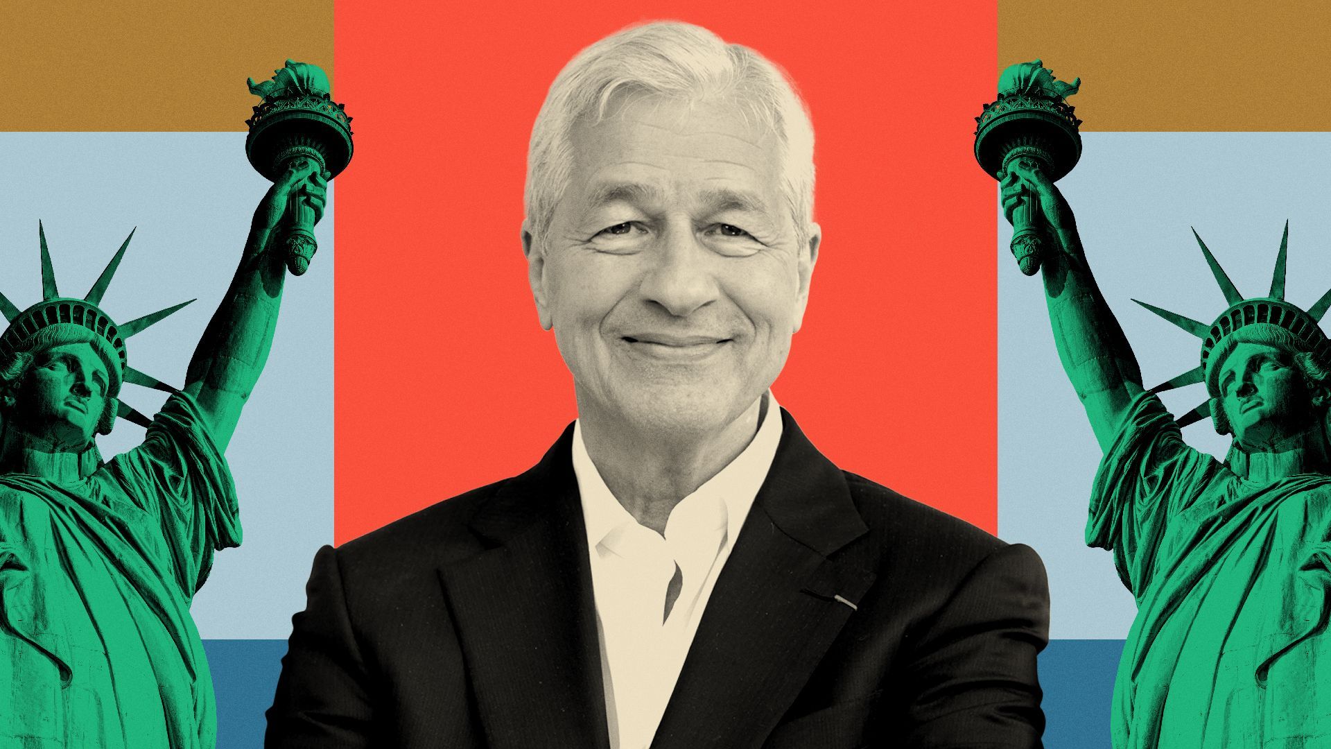 Photo illustration of Jamie Dimon with the Statue of Liberty and abstract shapes.