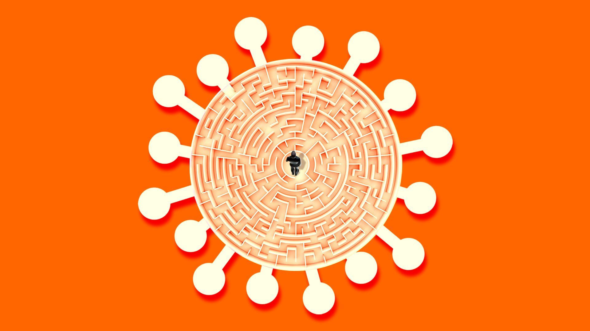 Illustration of a person trapped inside a COVID-19 shaped maze