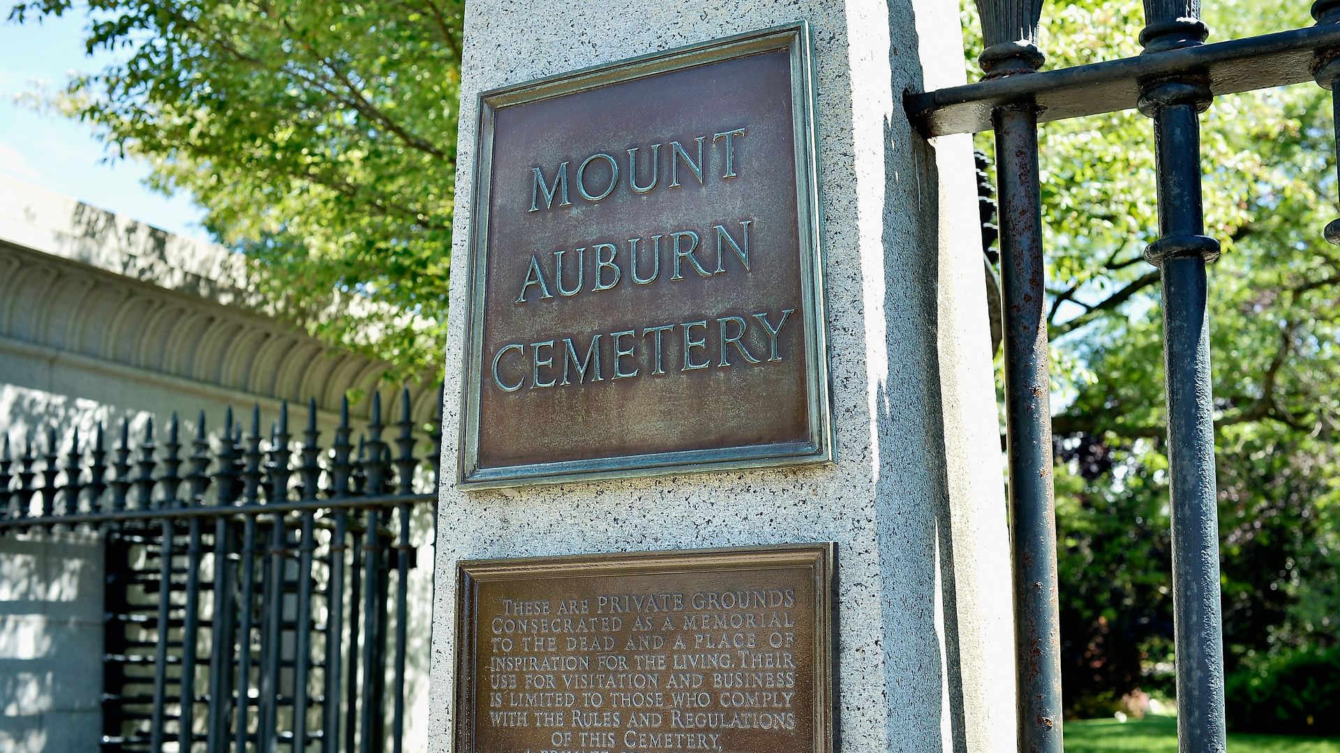 Trees, monuments and landscaped grounds at Mount Auburn Cemetery in Cambridge, Mass., a historic cemetery and arboretum founded in 1831.
