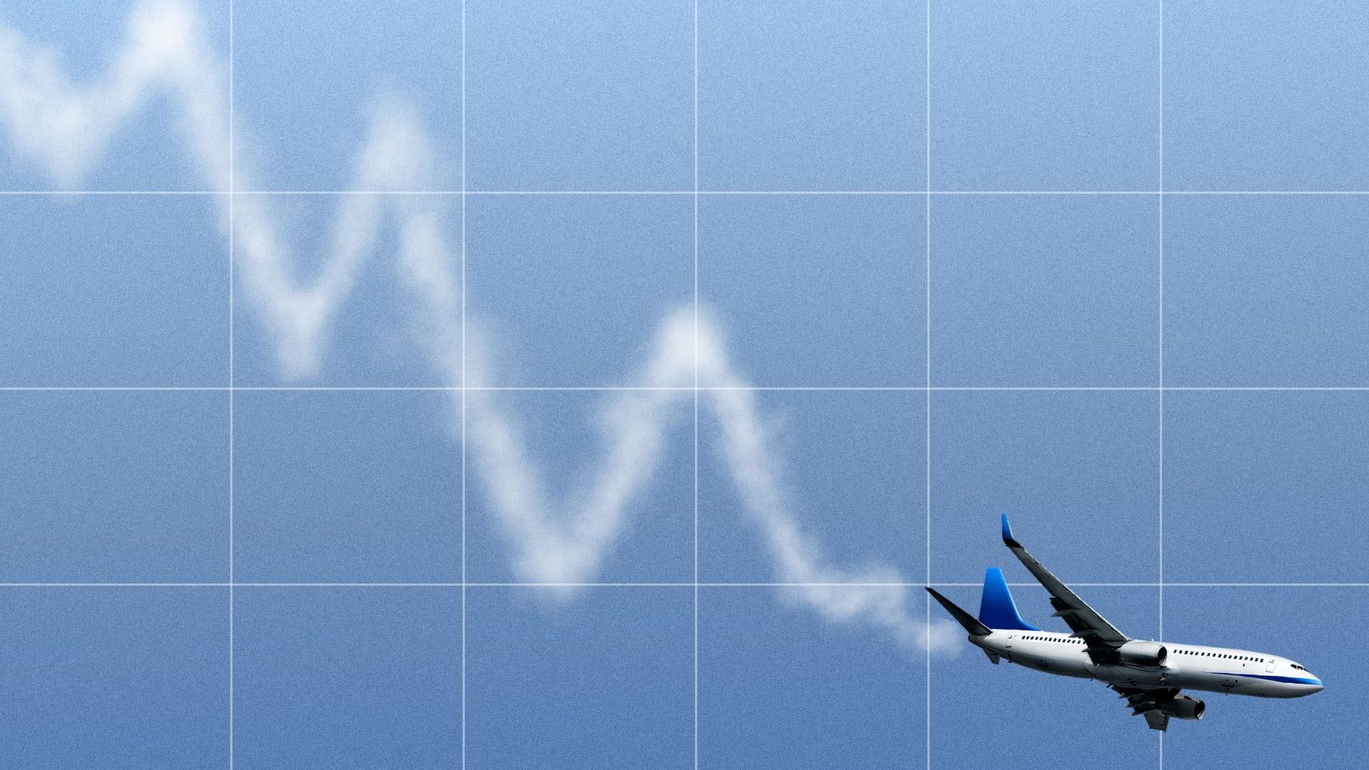 Illustration of an airplane on a  grid with an contrail shaped like a downward trending chart line