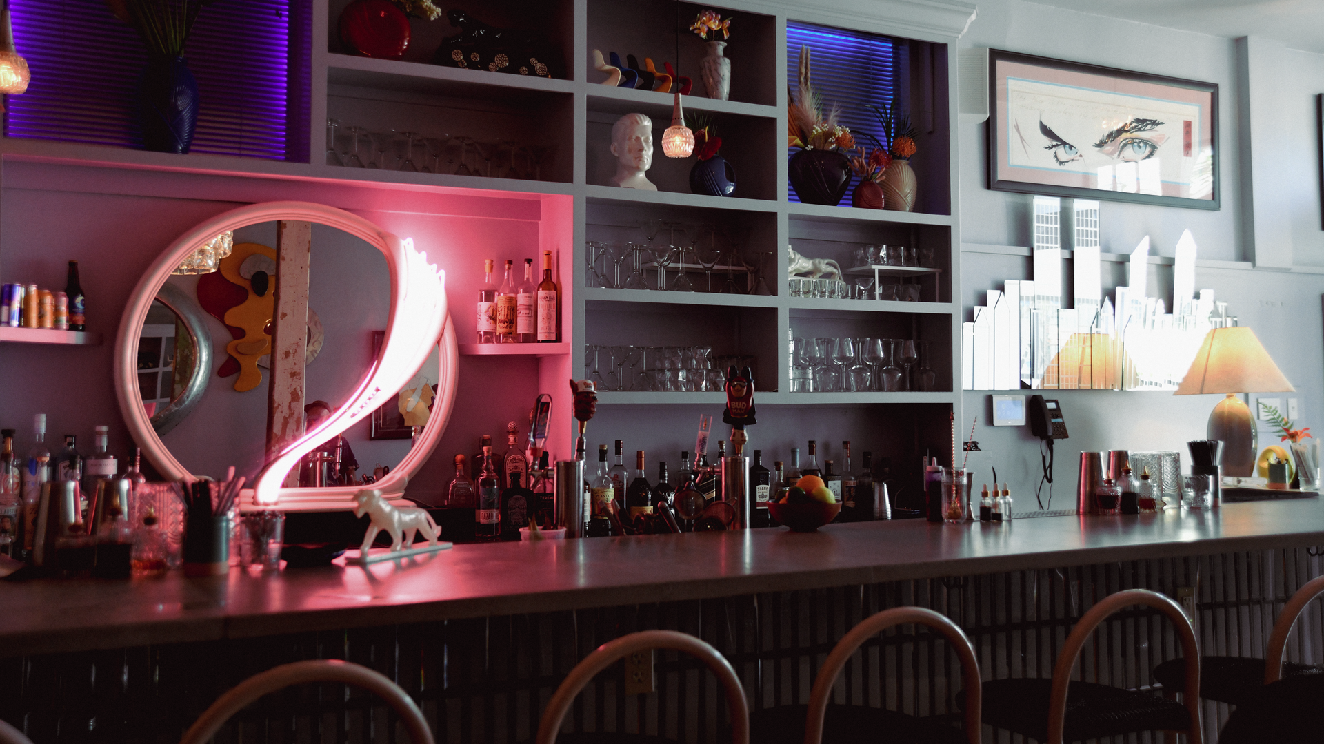 Photo shows the bar at Hungry Eyes in New Orleans