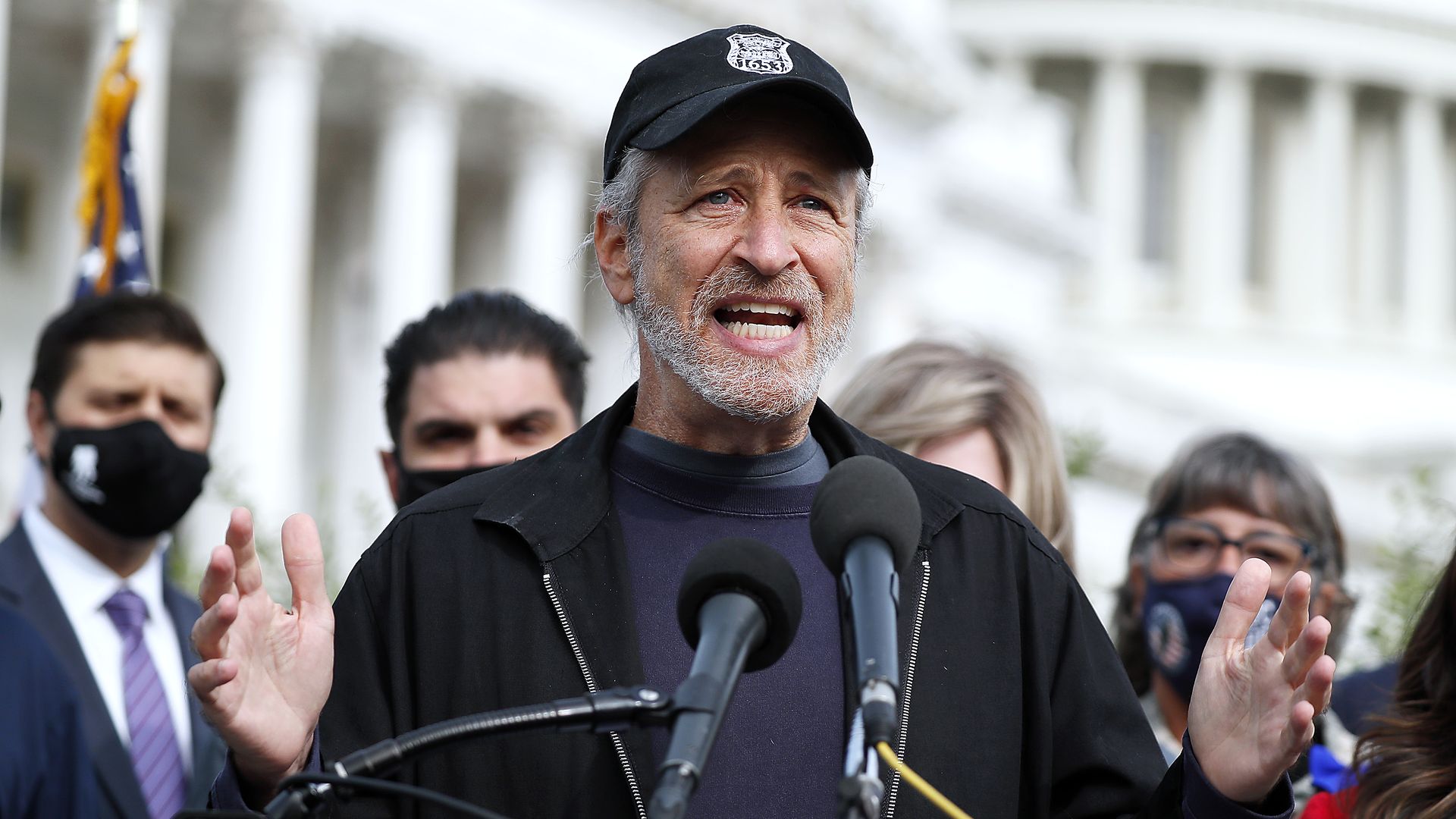  Jon Stewart speaks at a press conference oat the House Triangle on September 15, 2020 in Washington, DC. 
