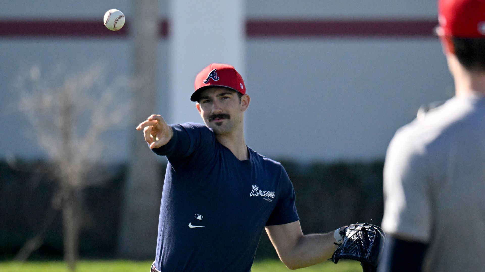 Atlanta Braves starting pitcher Spencer Strider throws a ball during spring training baseball workouts on Wednesday