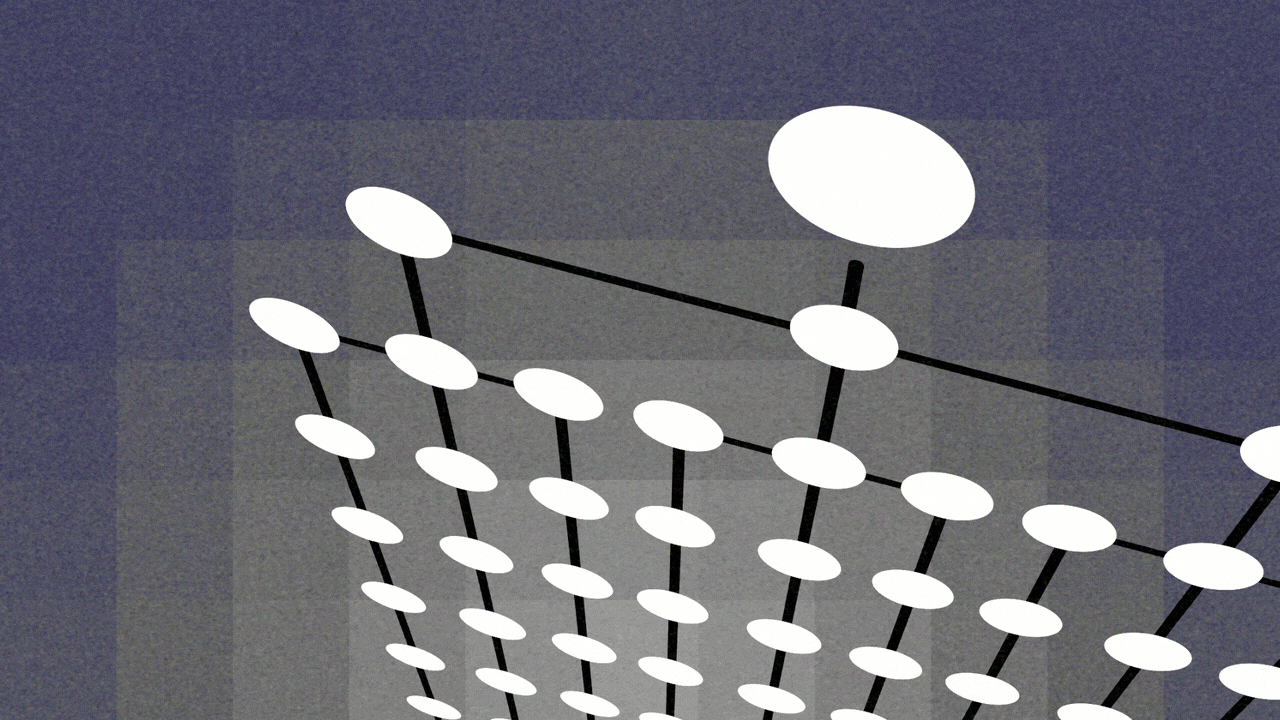 Animated illustration of an org chart against a pixelated background. The nodes below the CEO level all turn into glowing neon green sparkles.