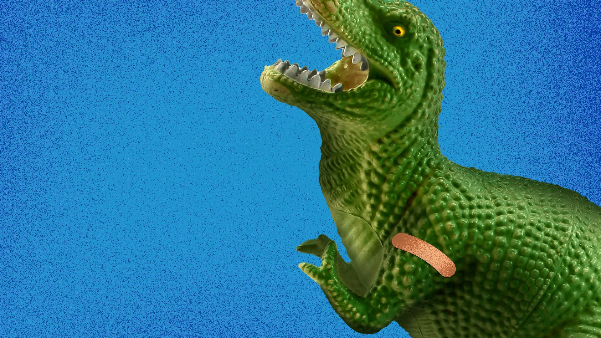 Illustration of a toy dinosaur with a bandaid on it's arm. 