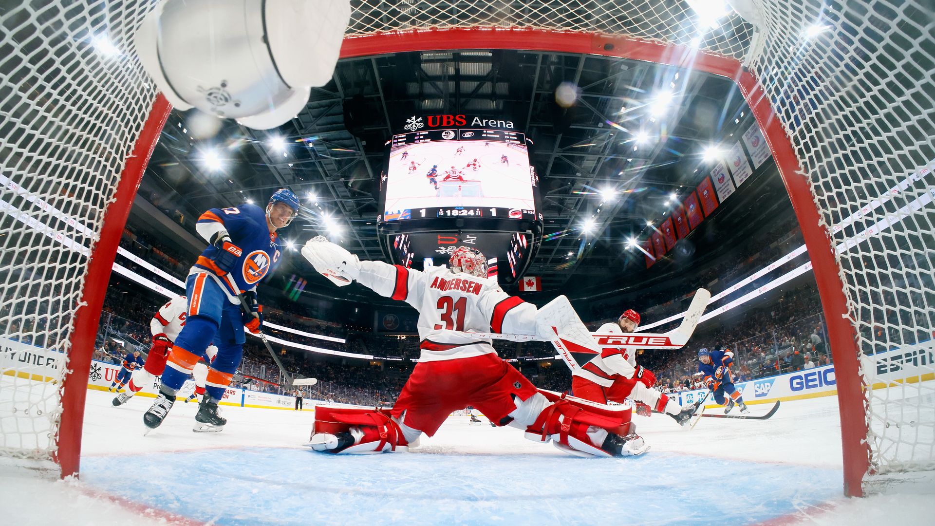 ELMONT, NEW YORK - APRIL 27: Frederik Andersen #31 of the Carolina Hurricanes skates against the New York Islanders in Game Four of the First Round of the 2024 Stanley Cup Playoffs at UBS Arena on April 27, 2024 in Elmont, New York. (Photo by Bruce Bennett/Getty Images)