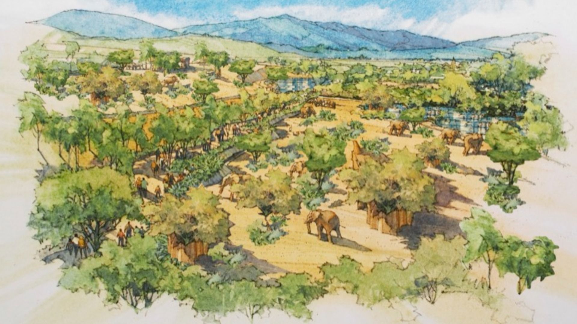 Watercolor illustration of an elephant sanctuary with green trees, walking paths, several elephants, people viewing, and distant blue mountains under a blue sky.