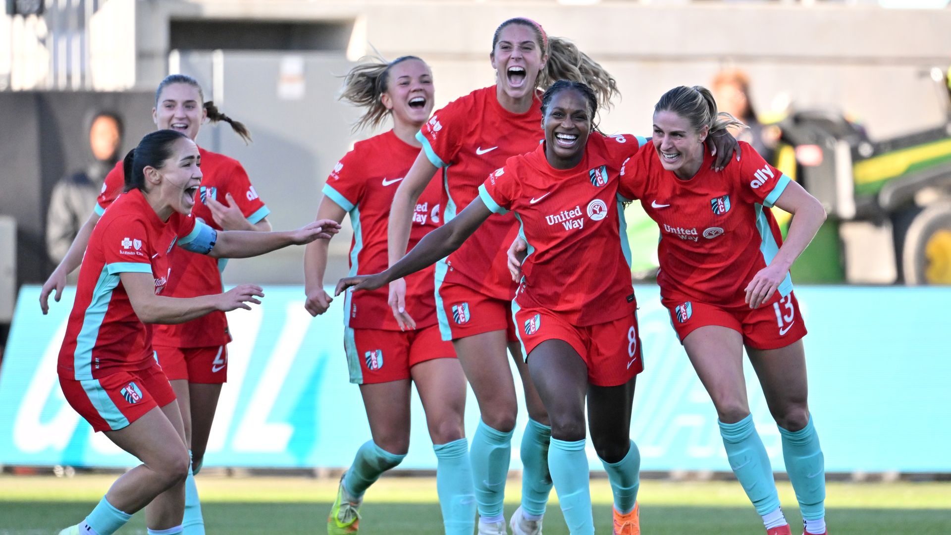 Nichelle Prince #8 of Kansas City Current celebrates with teammates after scoring the team's second goal during the NWSL match between Kansas City Current and San Diego Wave at CPKC Stadium on November 02, 2025, in Kansas City, Missouri. 