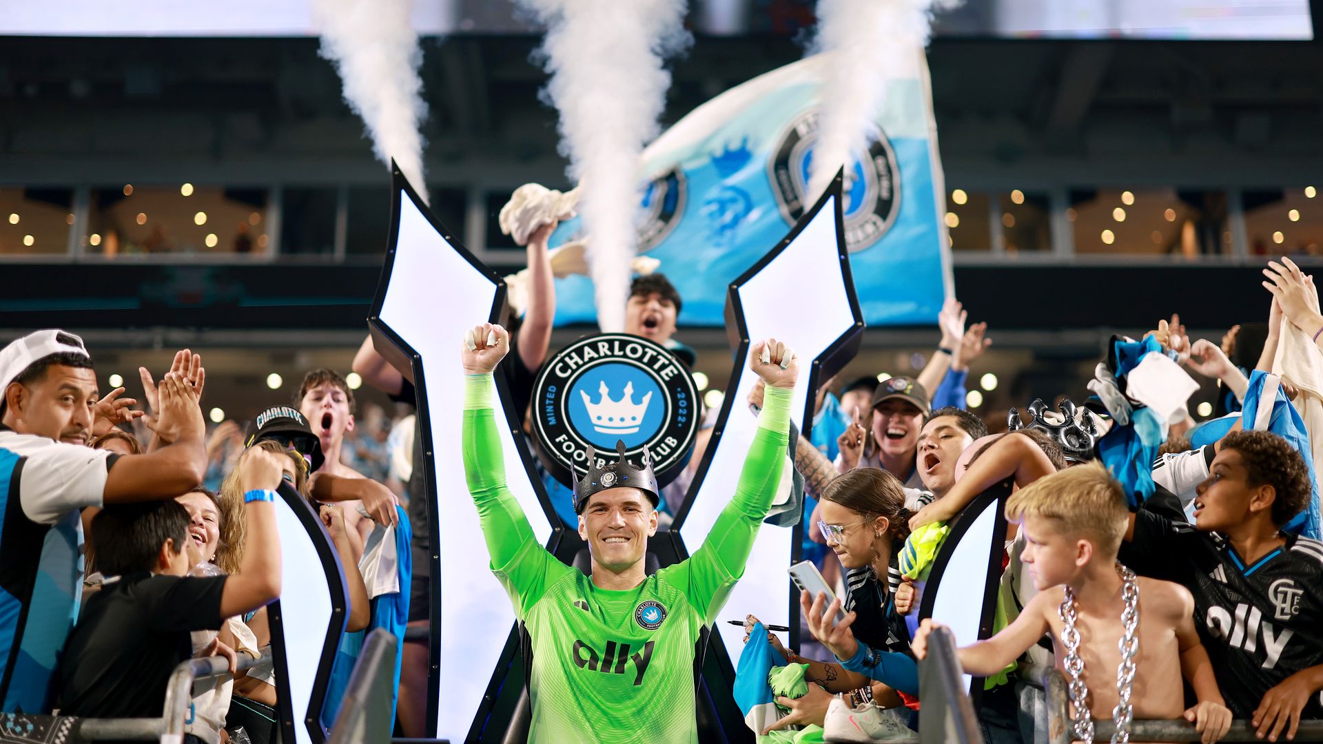 Kristijan Kahlina #1 of Charlotte FC celebrates with fans after being named Man of the Match during the MLS match between Philadelphia Union and Charlotte FC at Bank of America Stadium on October 18, 2025 in Charlotte, North Carolina.