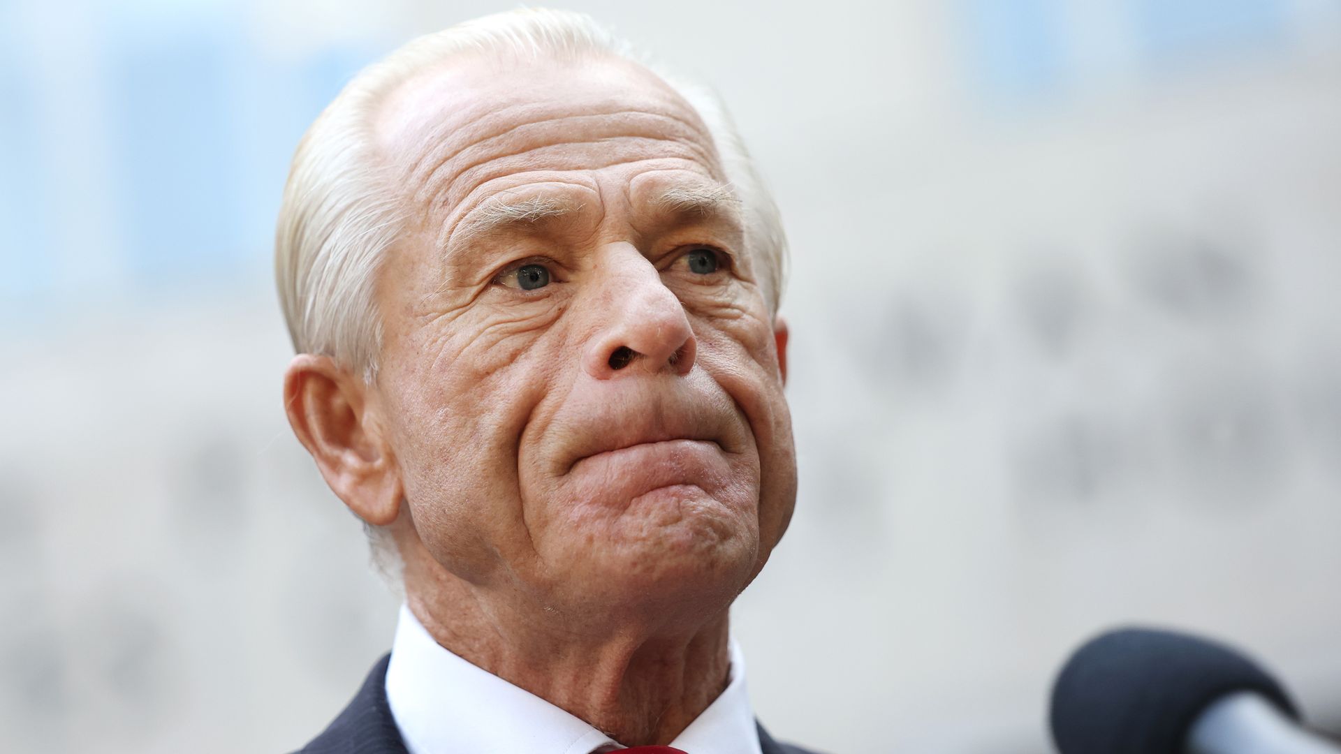 Former Trump aide Peter Navarro speaking outside a federal court in Washington, D.C., in September 2023.
