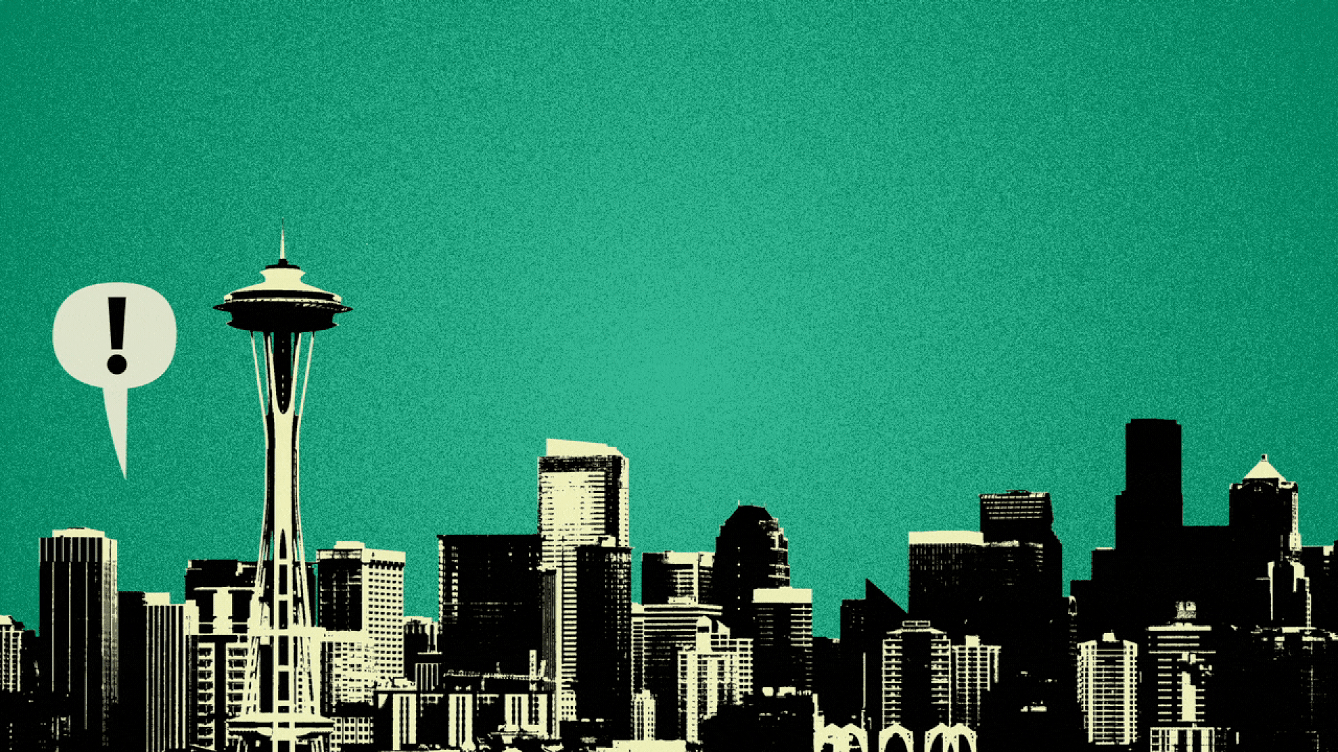 Illustration of the Seattle skyline with word balloons with exclamation points in them popping up from left to right.