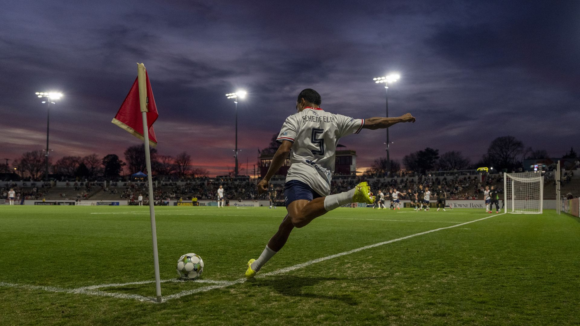 RICHMOND, VA - MARCH 19: Maximiliano Schenfeld Bou #5 of the Richmond Kickers takes a corner kick during a US Open Cup match between Virginia Dream FC and Richmond Kickers at City Stadium on March 19, 2025 in Richmond, Virginia. (Photo by Brad Smith/ISI Photos/USSF/Getty Images for USSF)