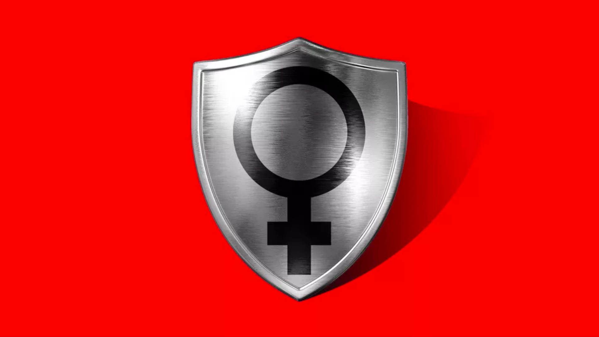 This illustration shows a metal shield emblazoned with the female symbol on a red background.