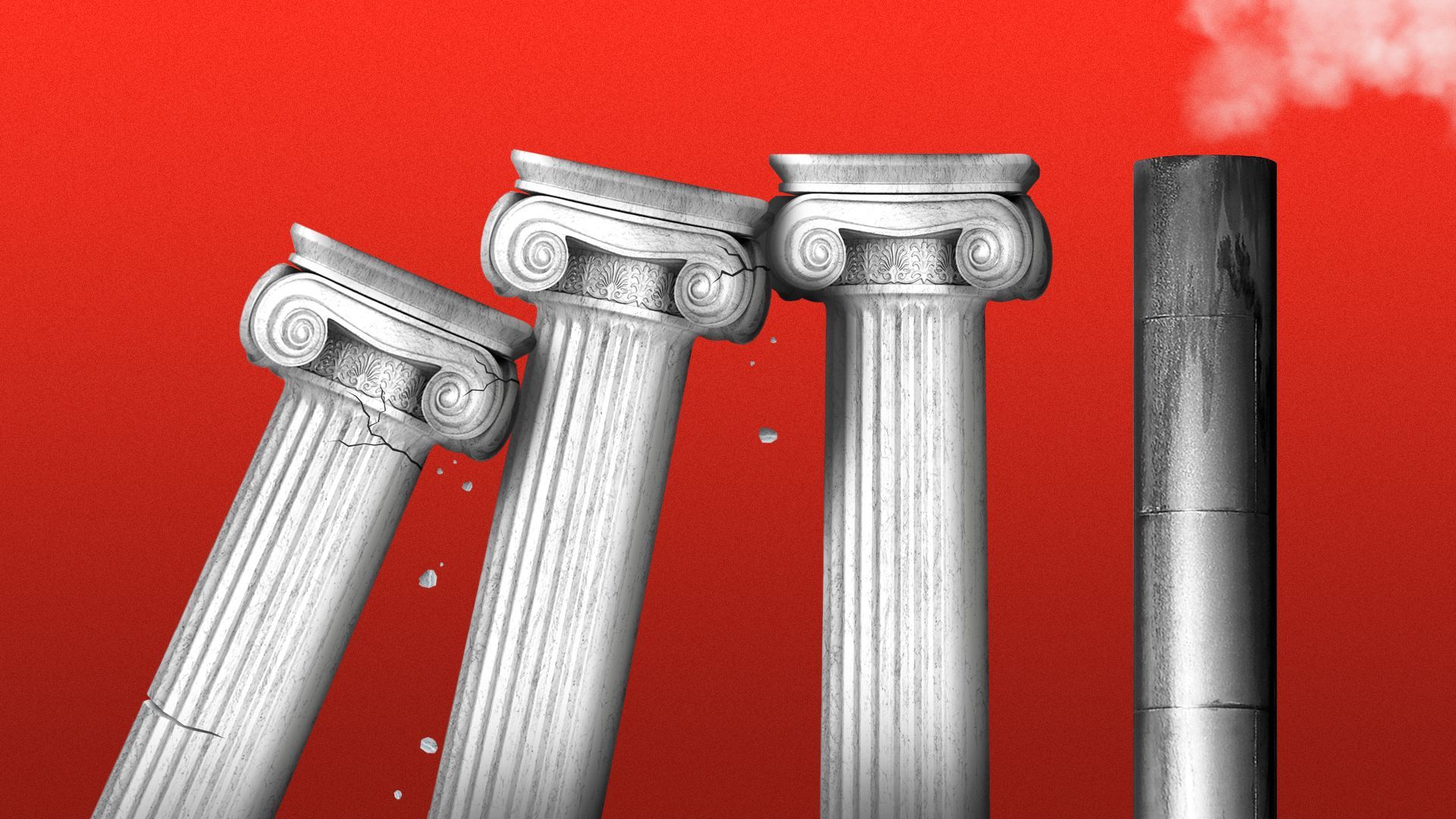 Illustration of marble columns falling over like dominoes towards a smoke stack 