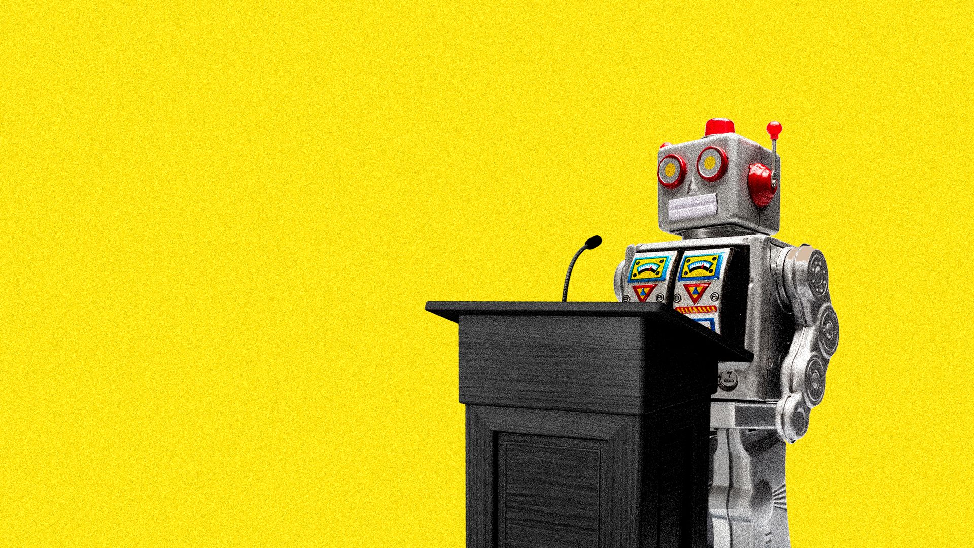An illustration of a robot standing in front of a podium.