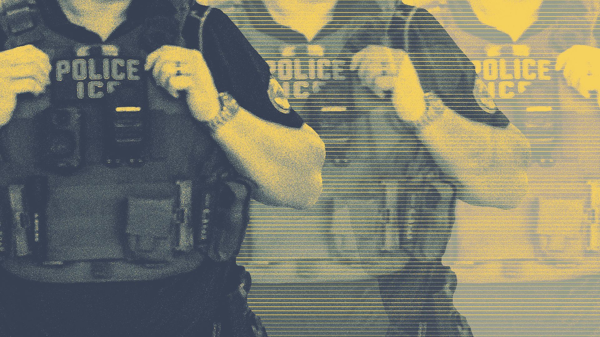 Photo illustration of three images of an ICE agent, cropped at the torso, who is fading from left to right.