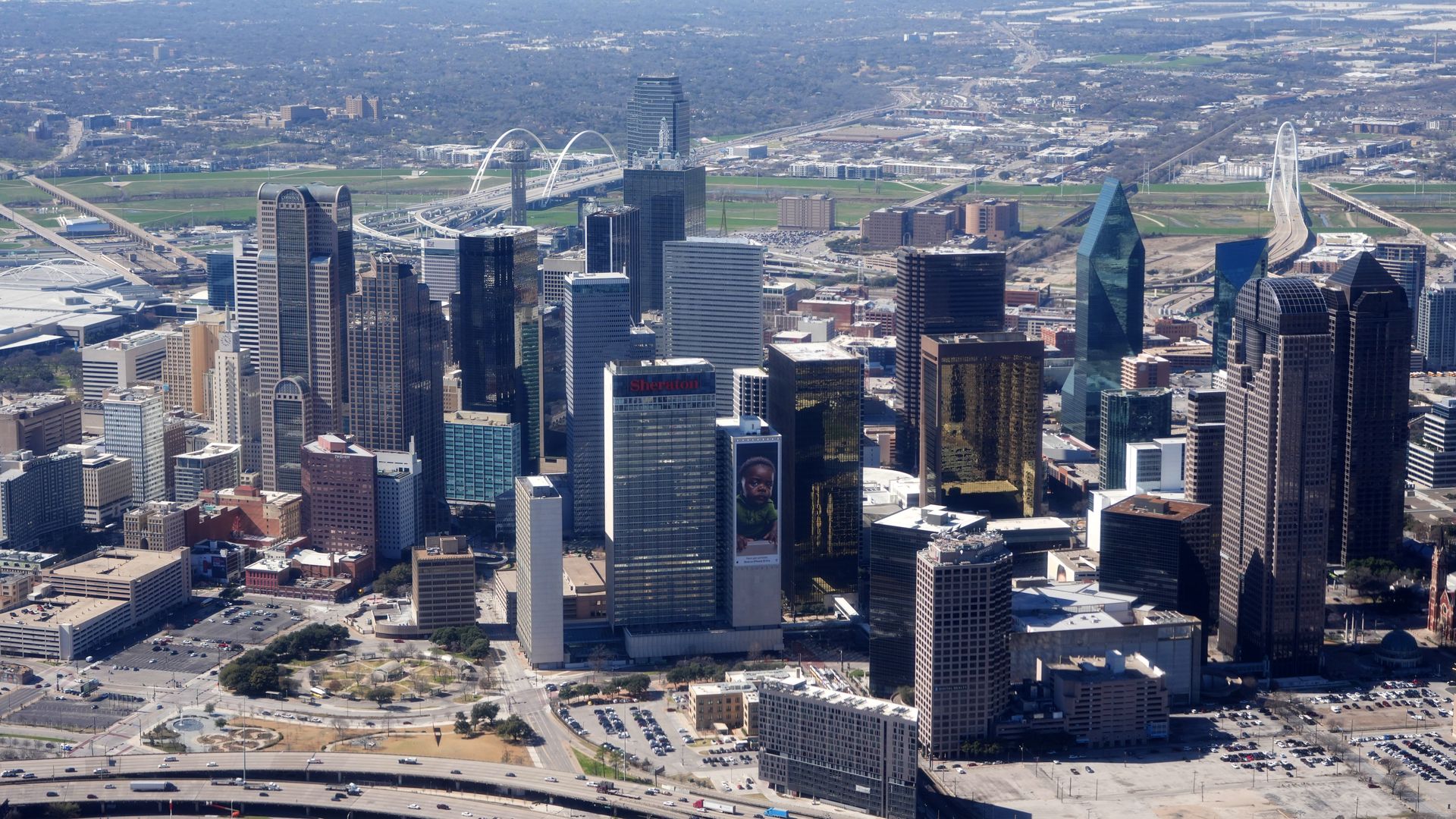 An aerial view of a downtown skyline