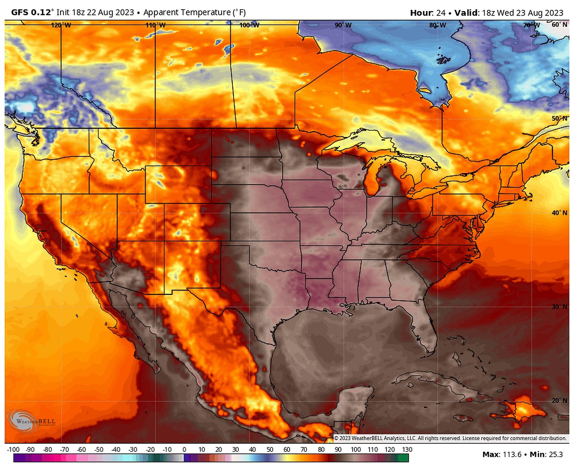 A heat map showing the hottest parts of the U.S. getting redder as it gets hotter, with the reddest parts over Central, Midwestern and Southern U.S. regions.