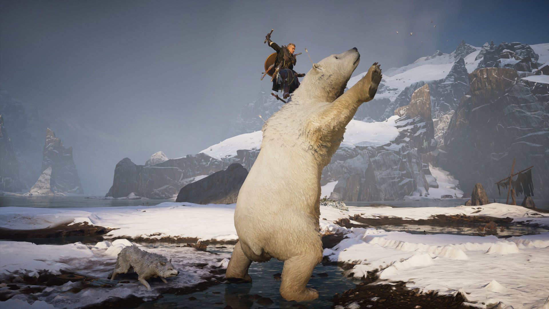 Screenshot of a guy riding a polar bear.