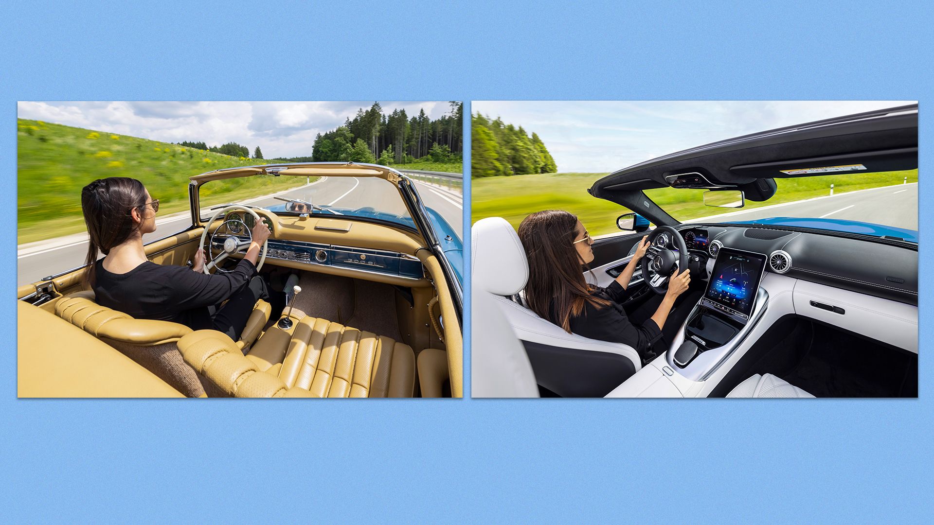 Side by side interior images of a 1958 Mercedes-Benz 300 SL Roadster and the upcoming 2022 SL.