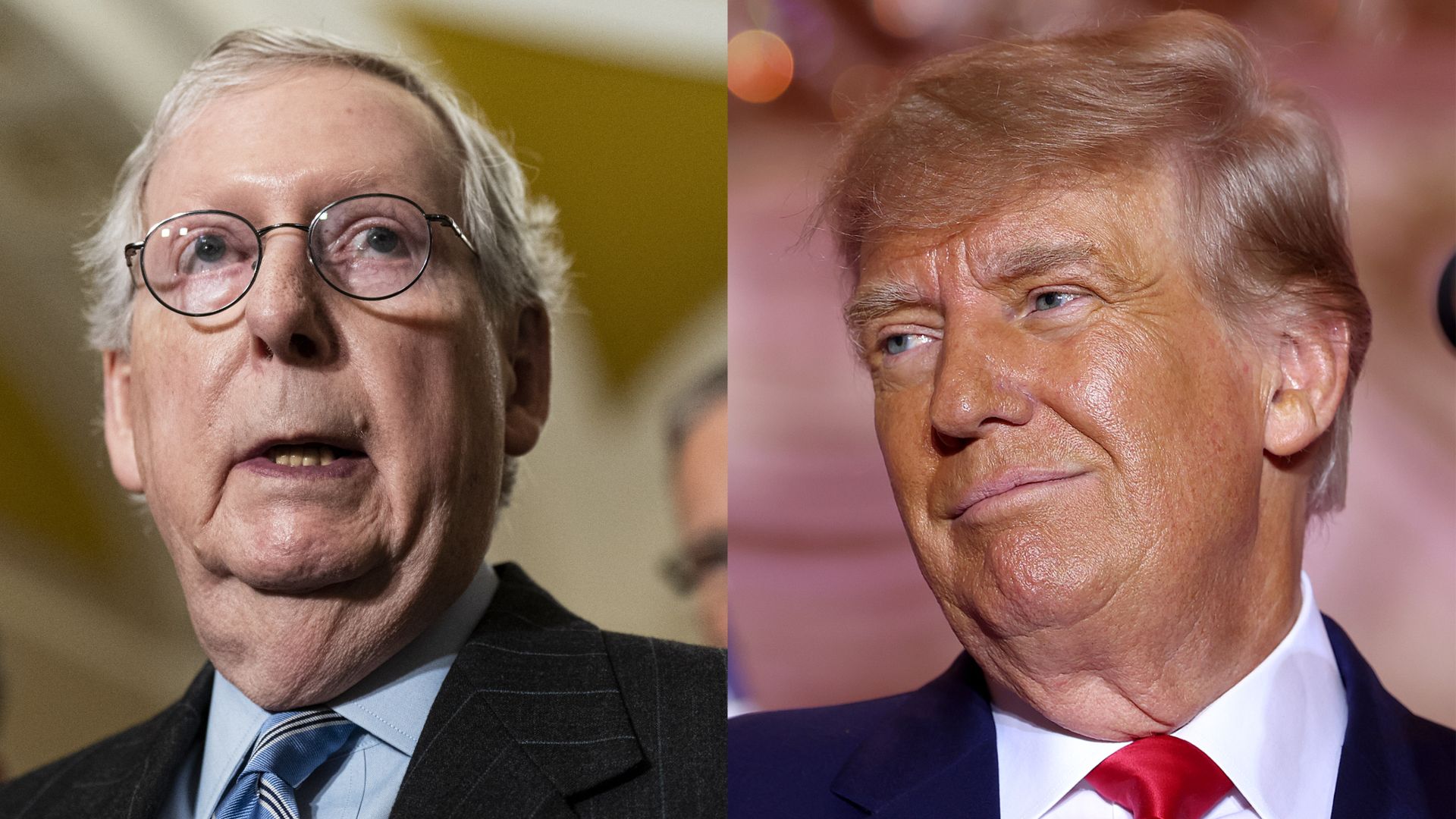 Photo of Mitch McConnell speaking on the left and Donald Trump smiling on the right