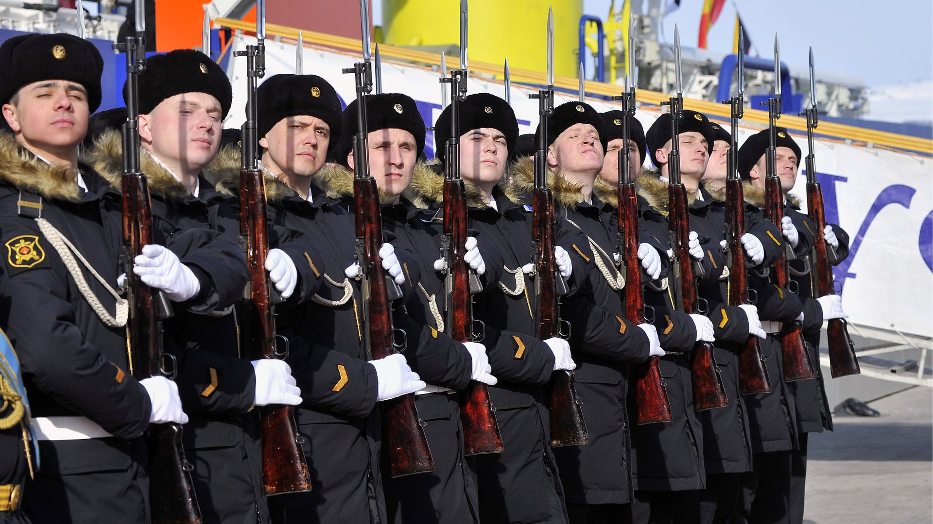 Russian sailors with the new Arctic ship Elbrus