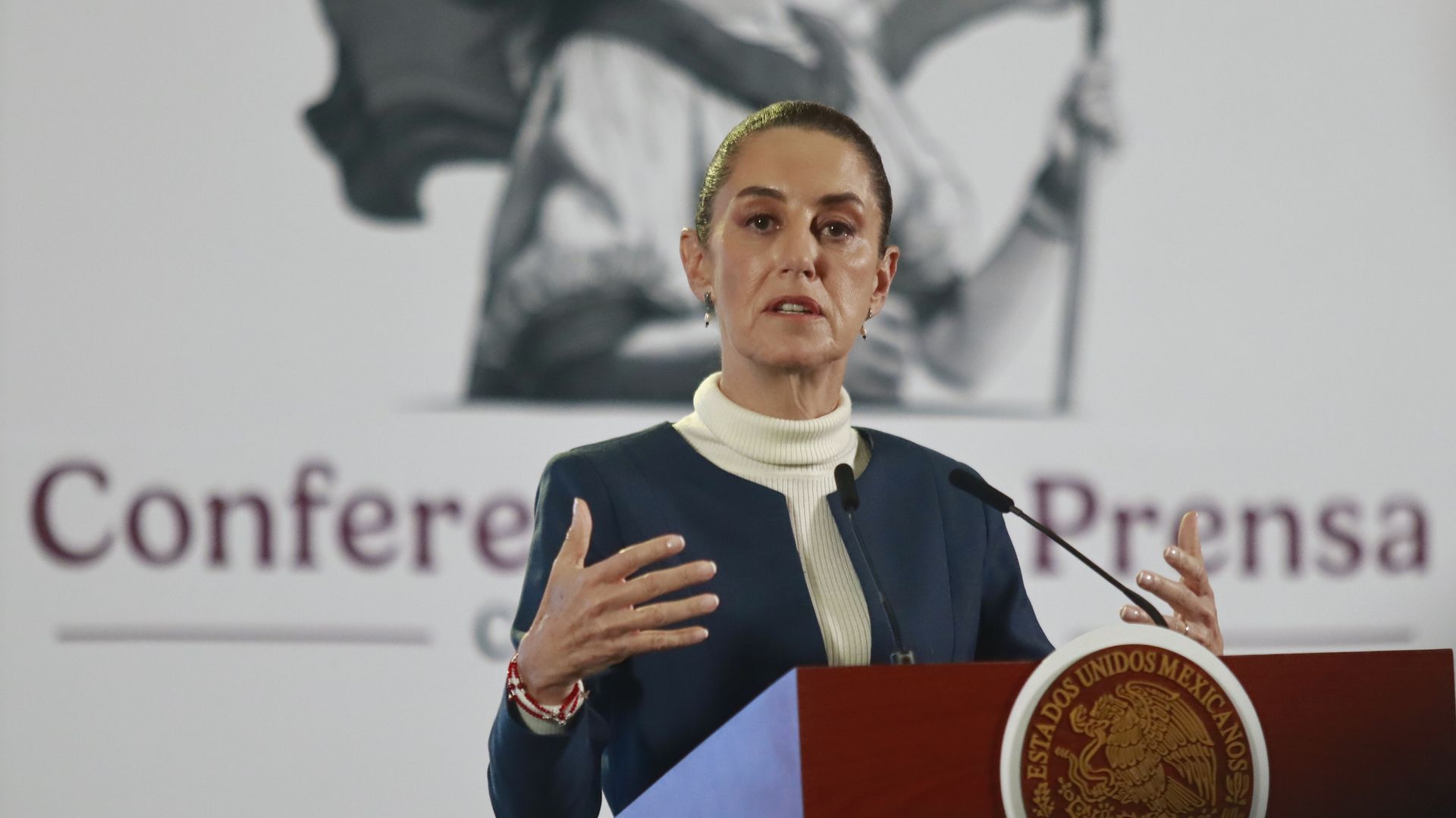 Mexican President Claudia Sheinbaum speaks in front of a small microphone during a press conference 