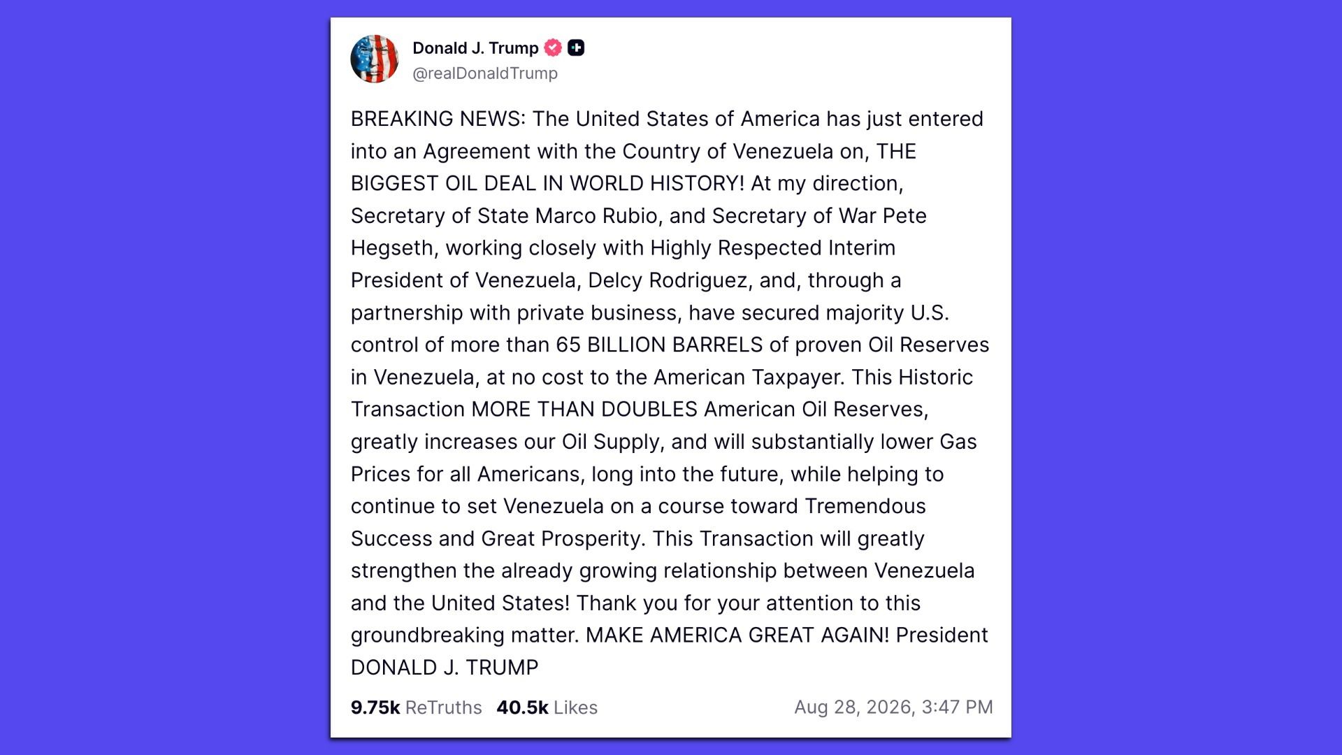Screenshot of a social media post by Trump