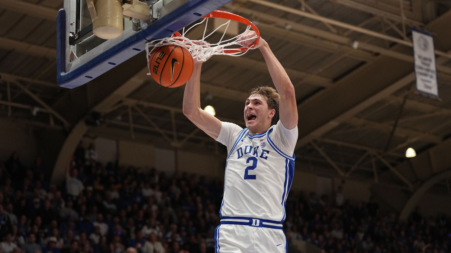 DURHAM, NORTH CAROLINA - OCTOBER 27: Cooper Flagg #2 of the Duke Blue Devils dunks against the Arizona State Sun Devils during the game at Cameron Indoor Stadium on October 27, 2024 in Durham, North Carolina. The Blue Devils won 103-47. (Photo by Grant Halverson/Getty Images)