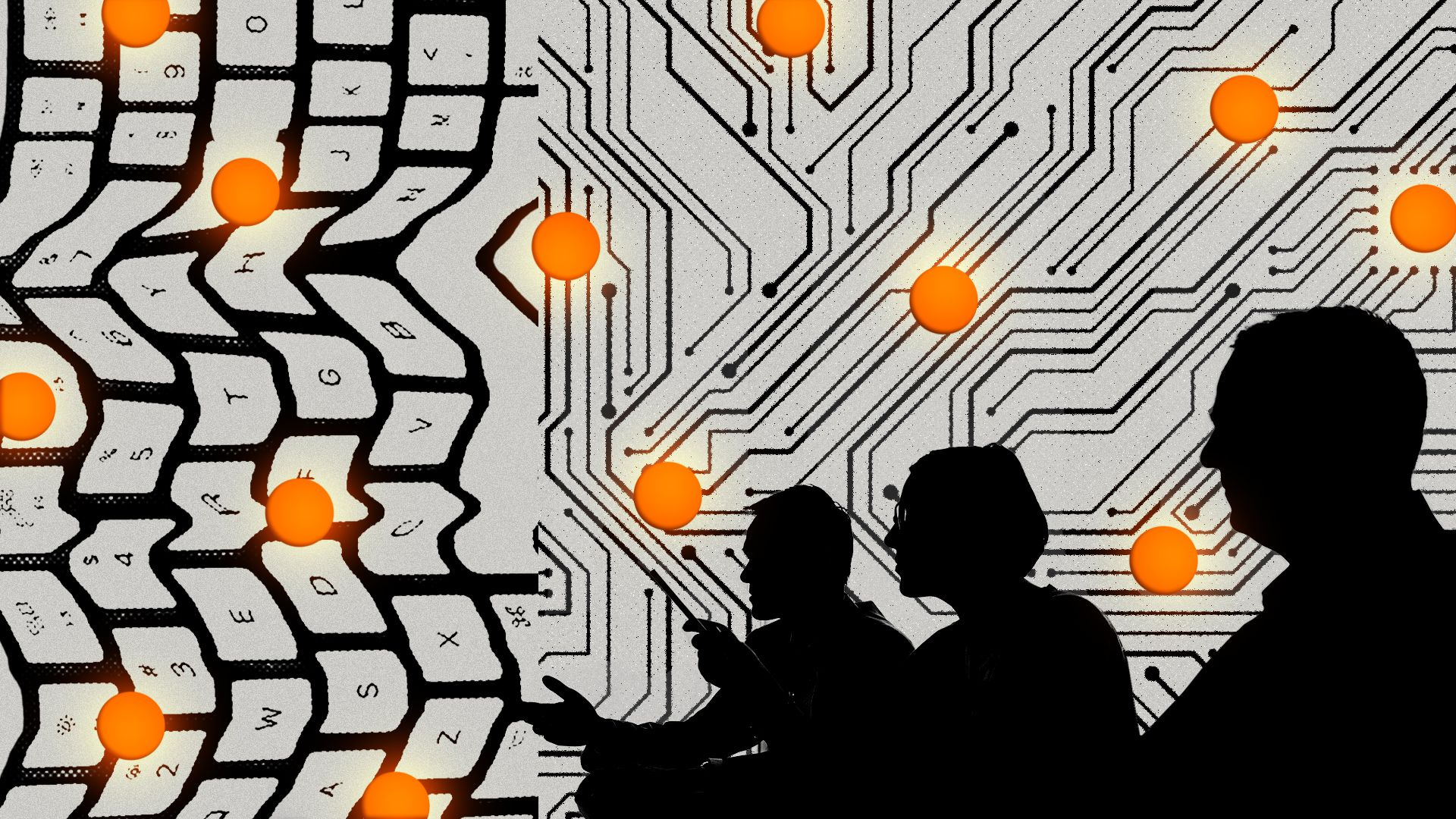 Illustrated collage of a warped keyboard and circuit pattern with an anonymous group of business people with various glowing red punch holes all around. 
