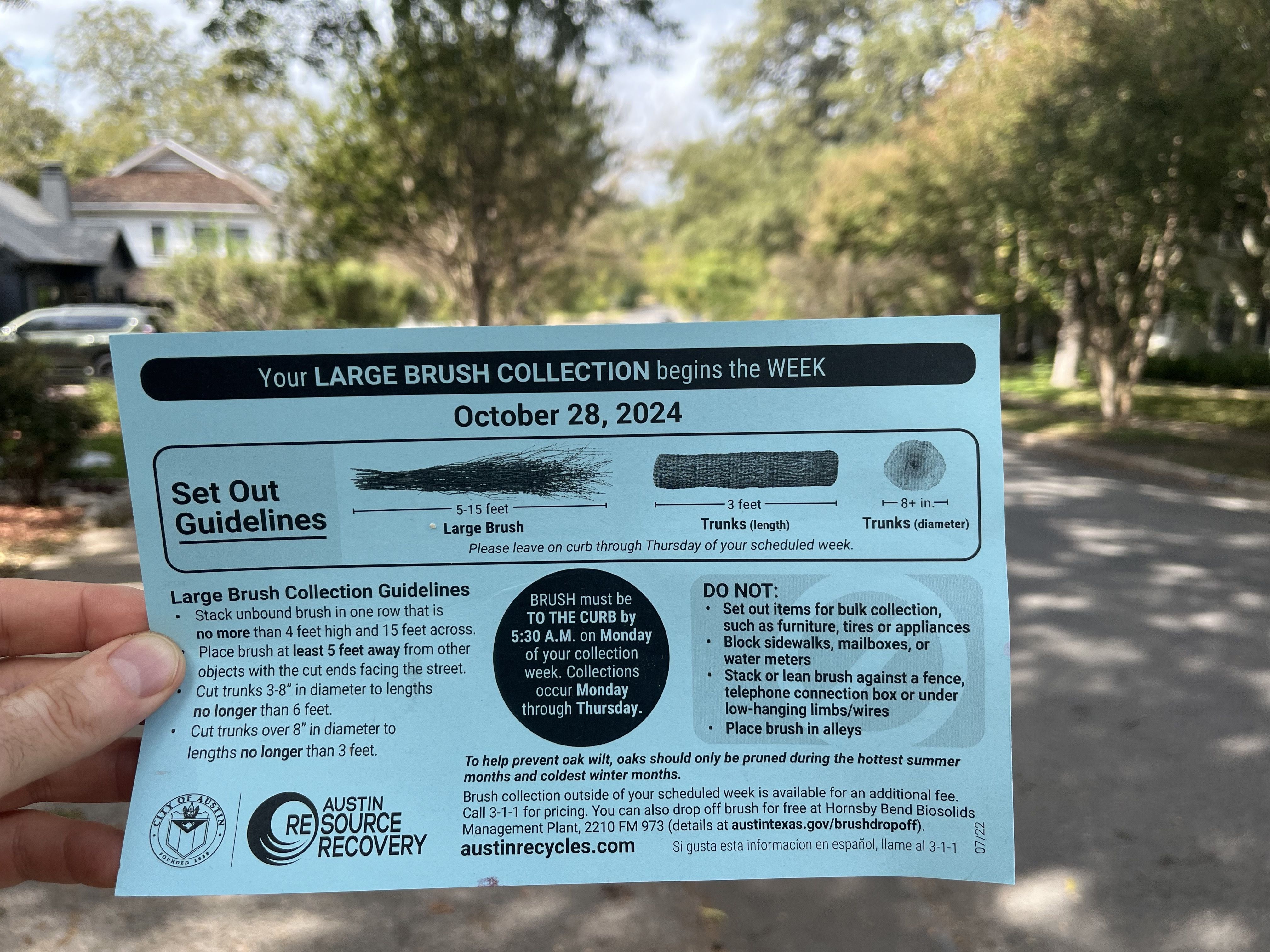 A notice from the City of Austin about large brush collection.